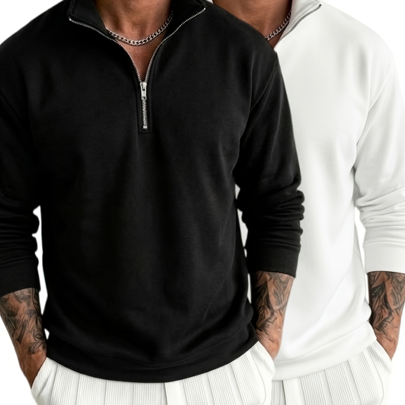 TEMU Men' Color 2pcs Set Stand Collar Front-button Zipper Sweatshirt