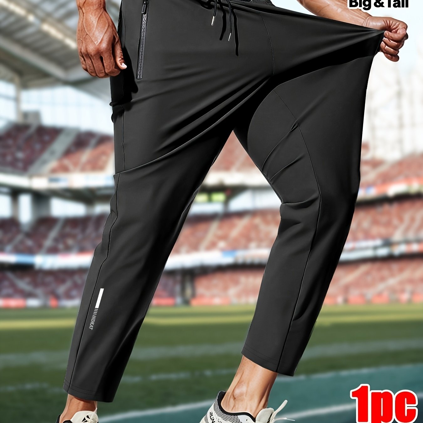1pc Men's Plus Size Casual Pants, High Stretch, Drawstring Waist, Zipper Pockets, Thin , Straight Leg Trousers For Fitness Running Sports And Daily Wear, Plus Size