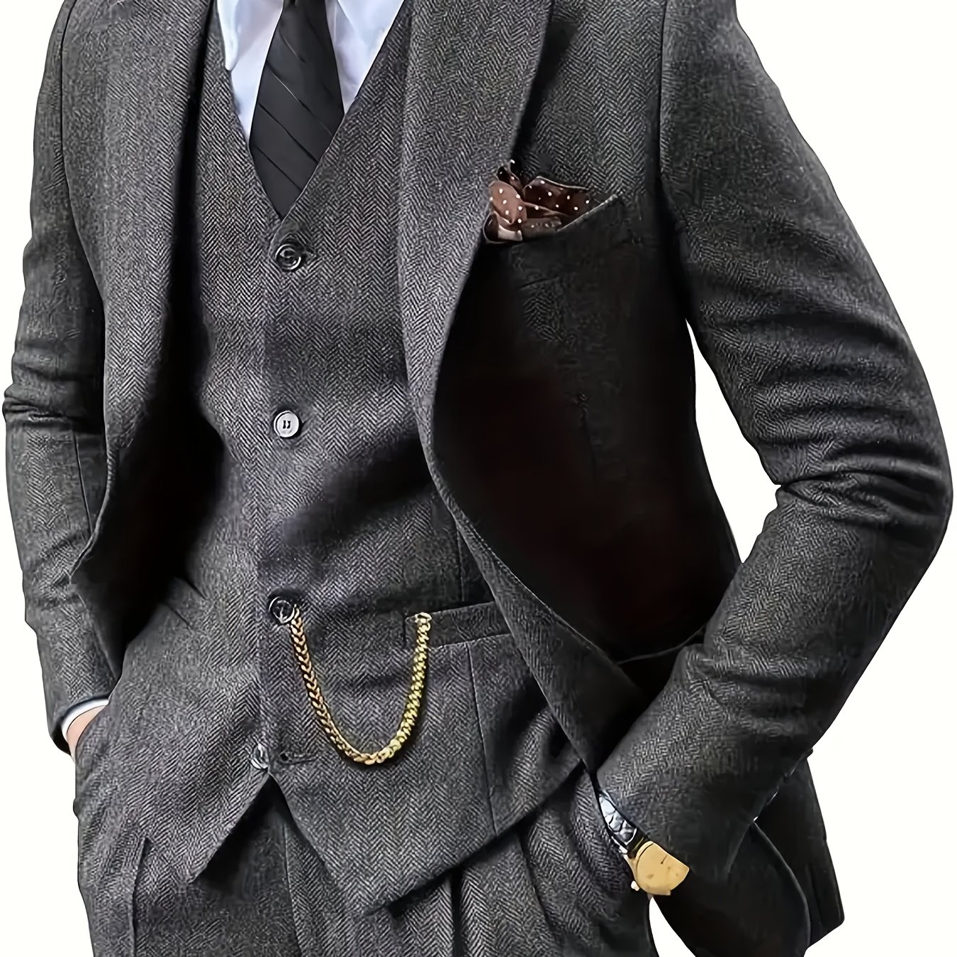 TEMU Christmas Men' Herringbone Suit 3pcs Set (jacket, Vest And Trousers ), Suitable For Weddings, Casual, Banquets, Parties, Holiday Gifts, Formal,