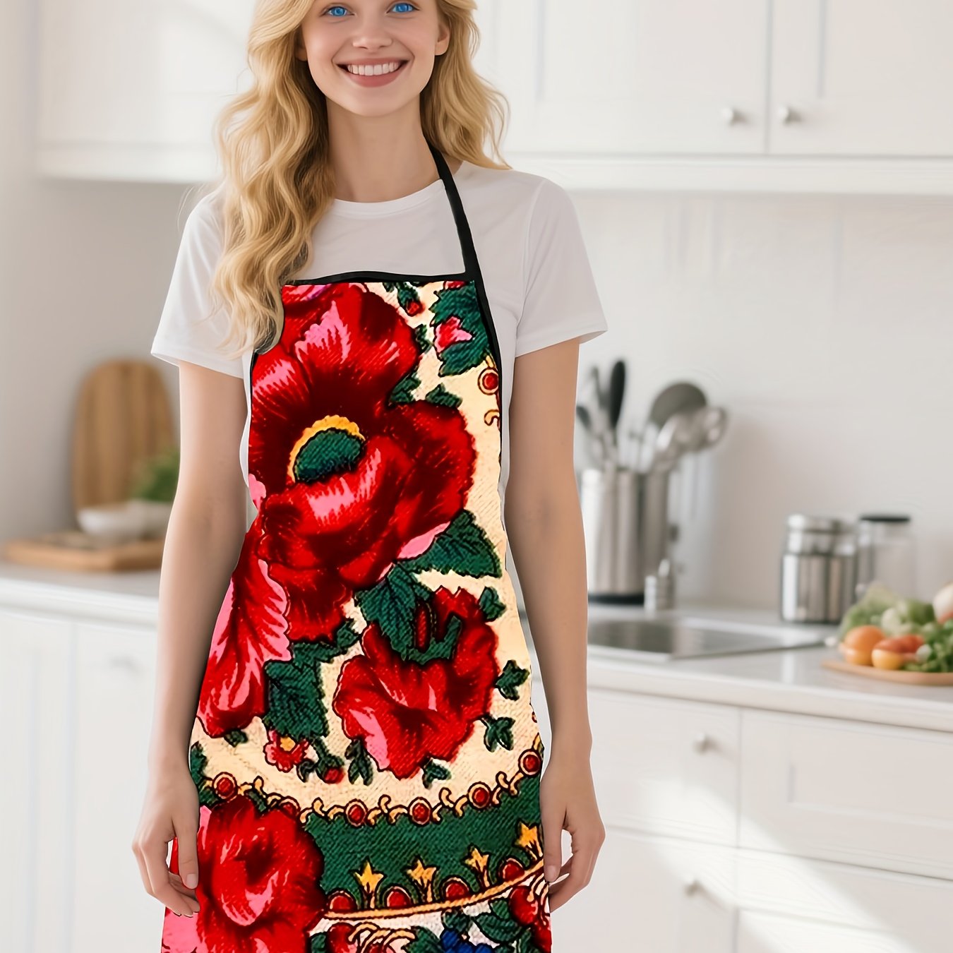 E-shop 1 Stück Vintage Schürze mit Blumenmuster - Rotes klassisches Blumenmuster - Küchen- und Gartenarbeitsschürze mit voller Abdeckung - Unisex