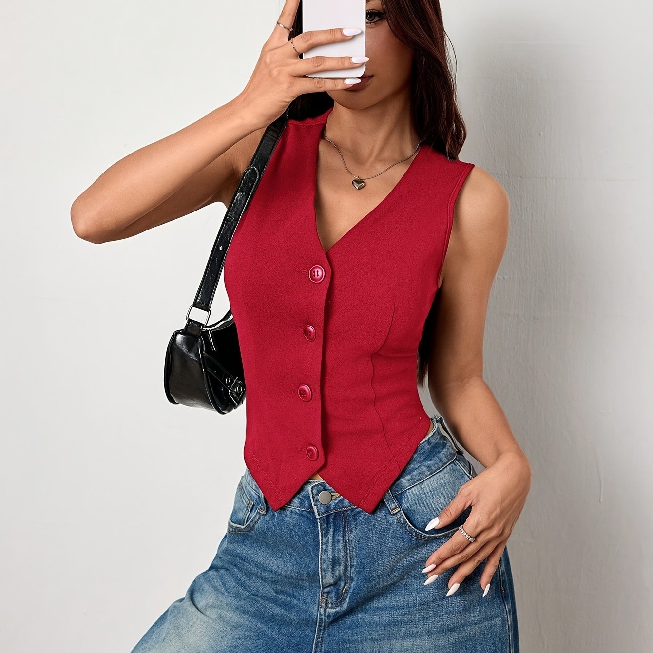 TEMU Women's Stylish Slim-fit Solid Color Single-breasted Vest Top
