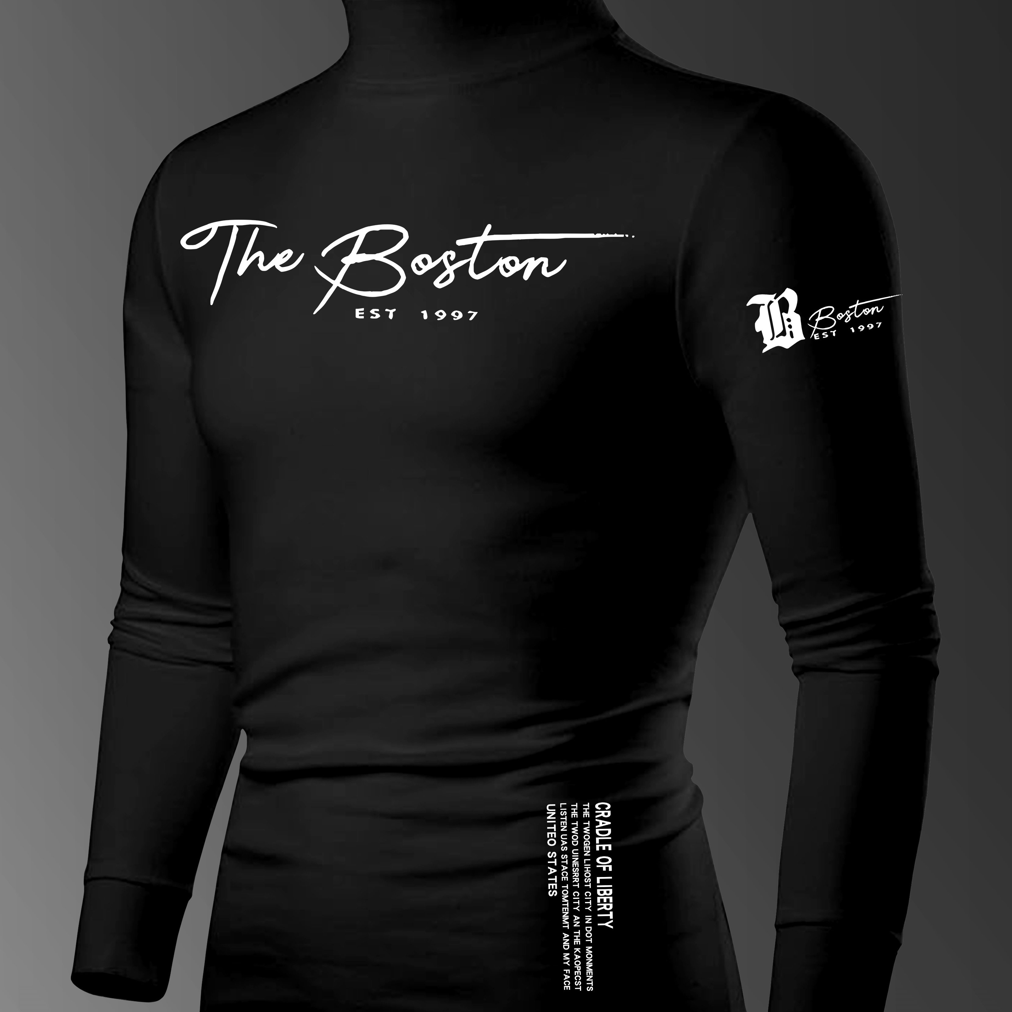 European And Trend, Instagram-style Minimalist Letter Chest Print, Small High Neck Long Sleeve, Vacation Casual Men's Outdoor Sports Top