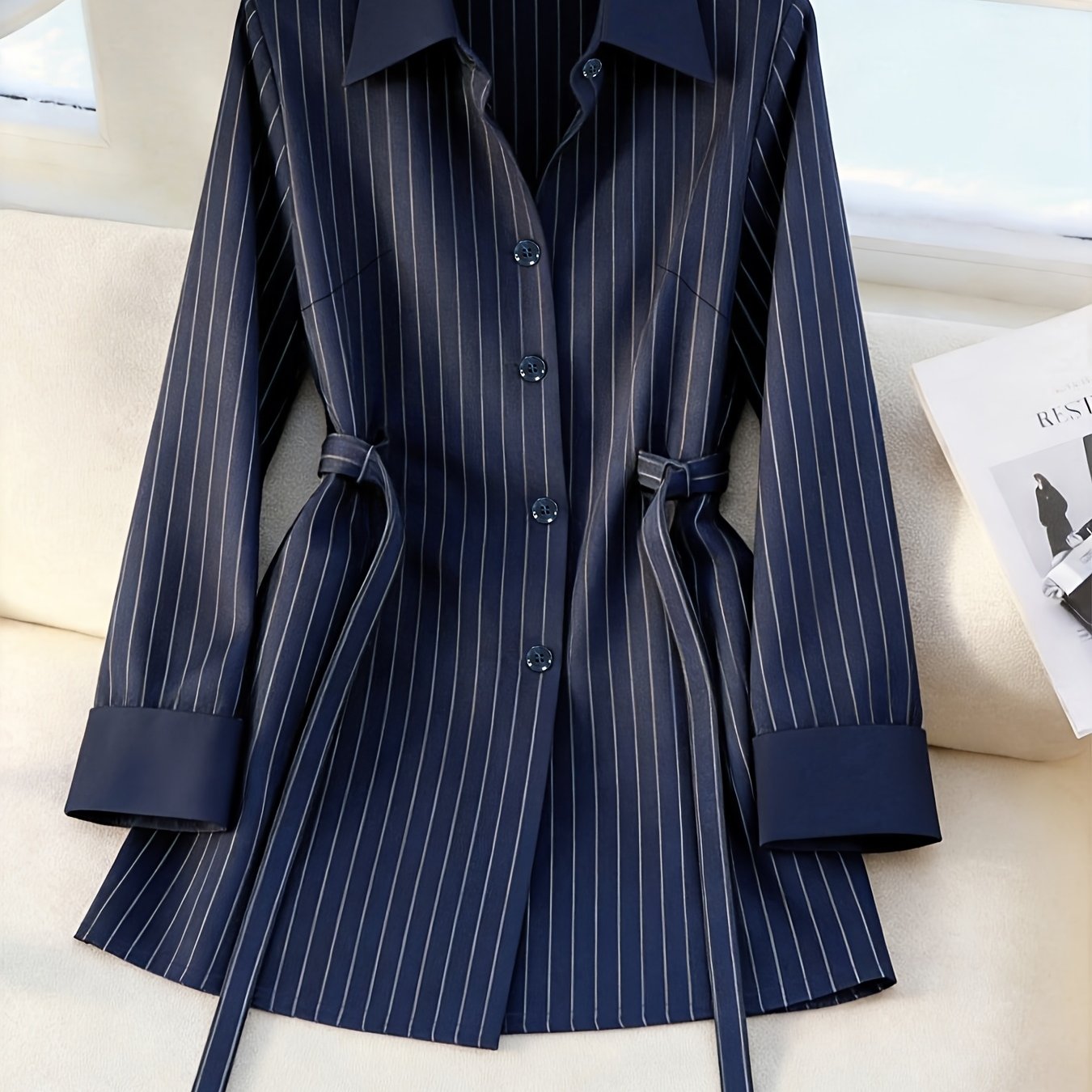 TEMU Navy Blue Striped Waist-tie Long Shirt, Commuter Minimalist Style, Light, Mature, Elegant, Versatile Shirt Dress For Spring And Autumn