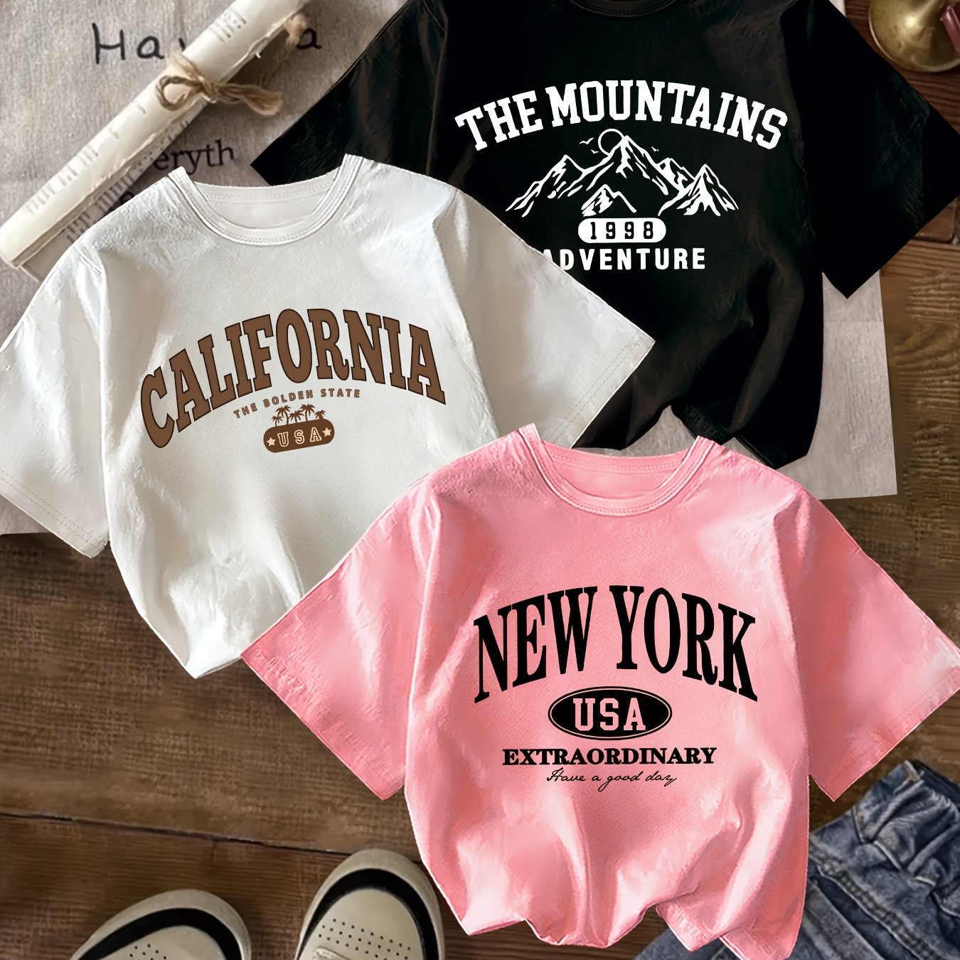 Image of 3pcs Retro Trendy American Letter ", Usa", "california", "" ' Summer Clothes, Fashionable And Versatile Girls' Summer Items