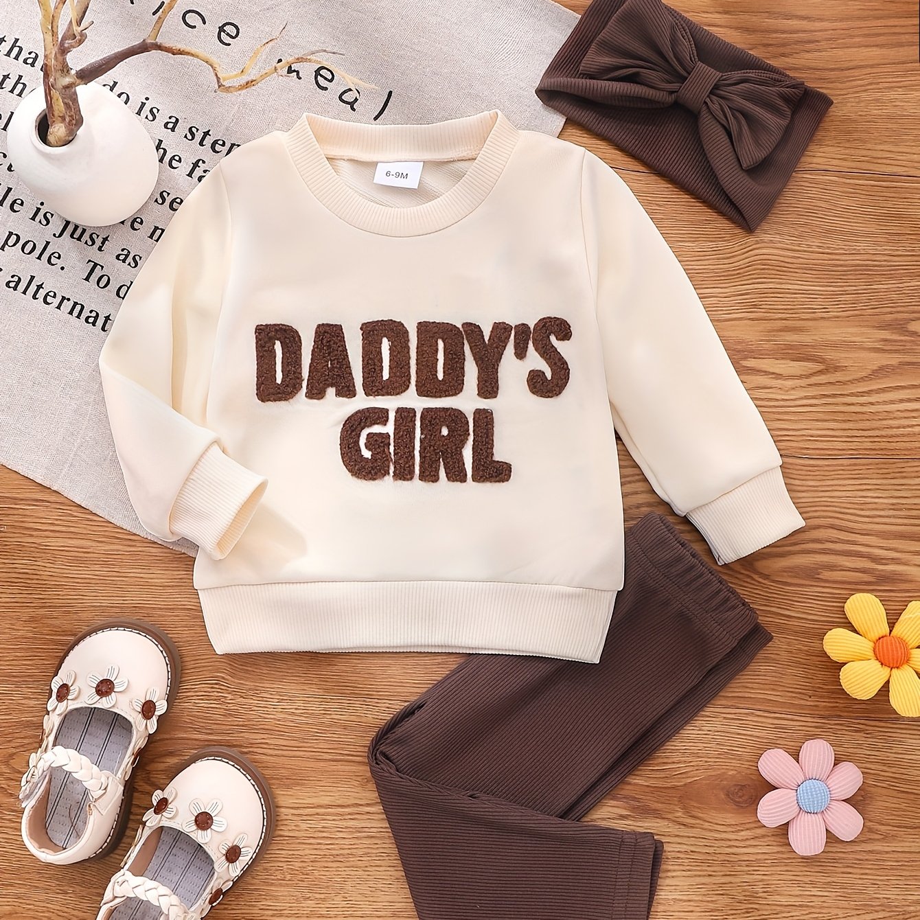 Image of Summer ' Long Sleeve Plush Embroidered Letter Sweatshirt And Solid Color Long Pants Children's Fashion Outfit, For Outdoor