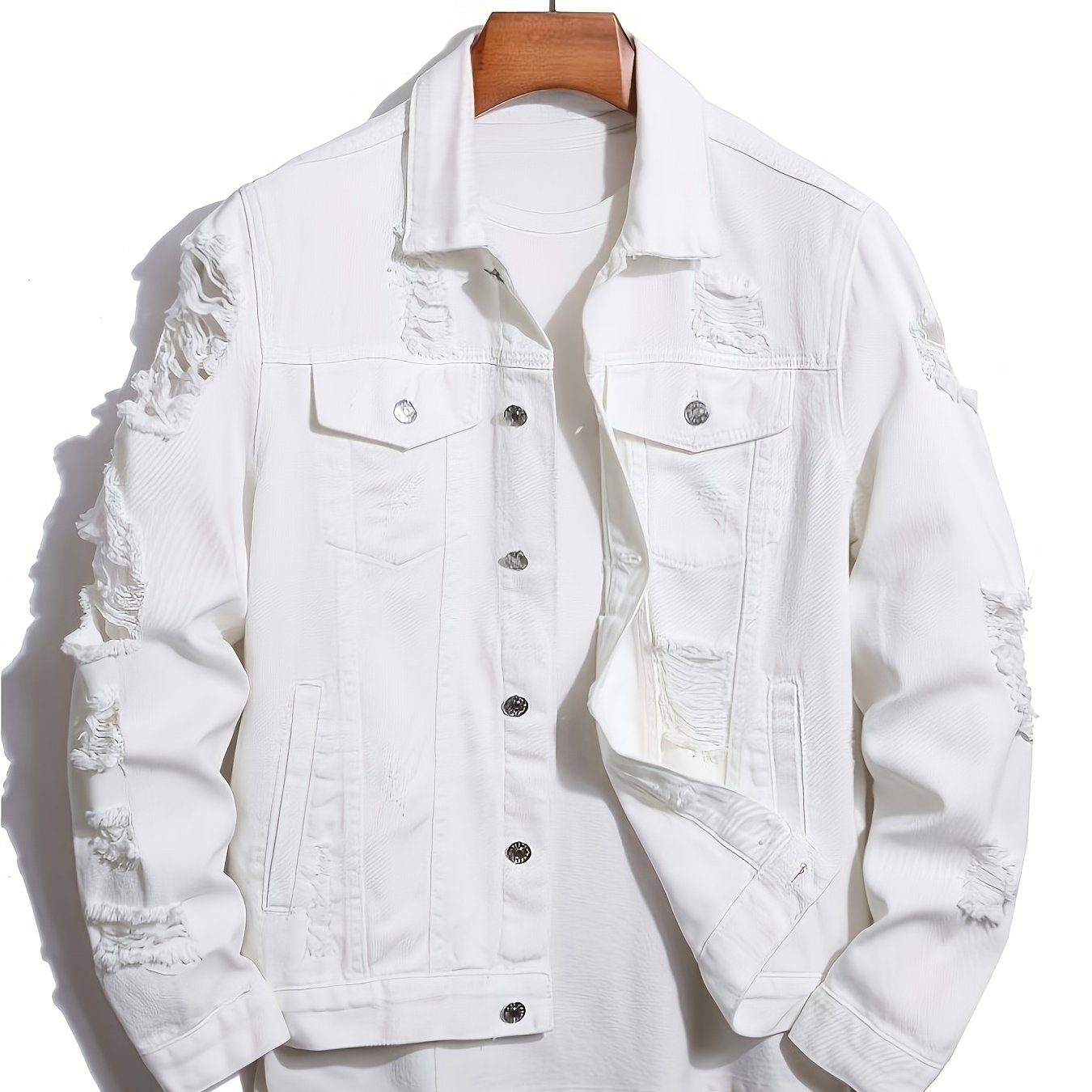 TEMU Our Latest Collection! Pure - White Denim Jackets. Durable Ripped Denim Jackets Are Fashionable, Versatile For Casual Wear, And Perfect For Any