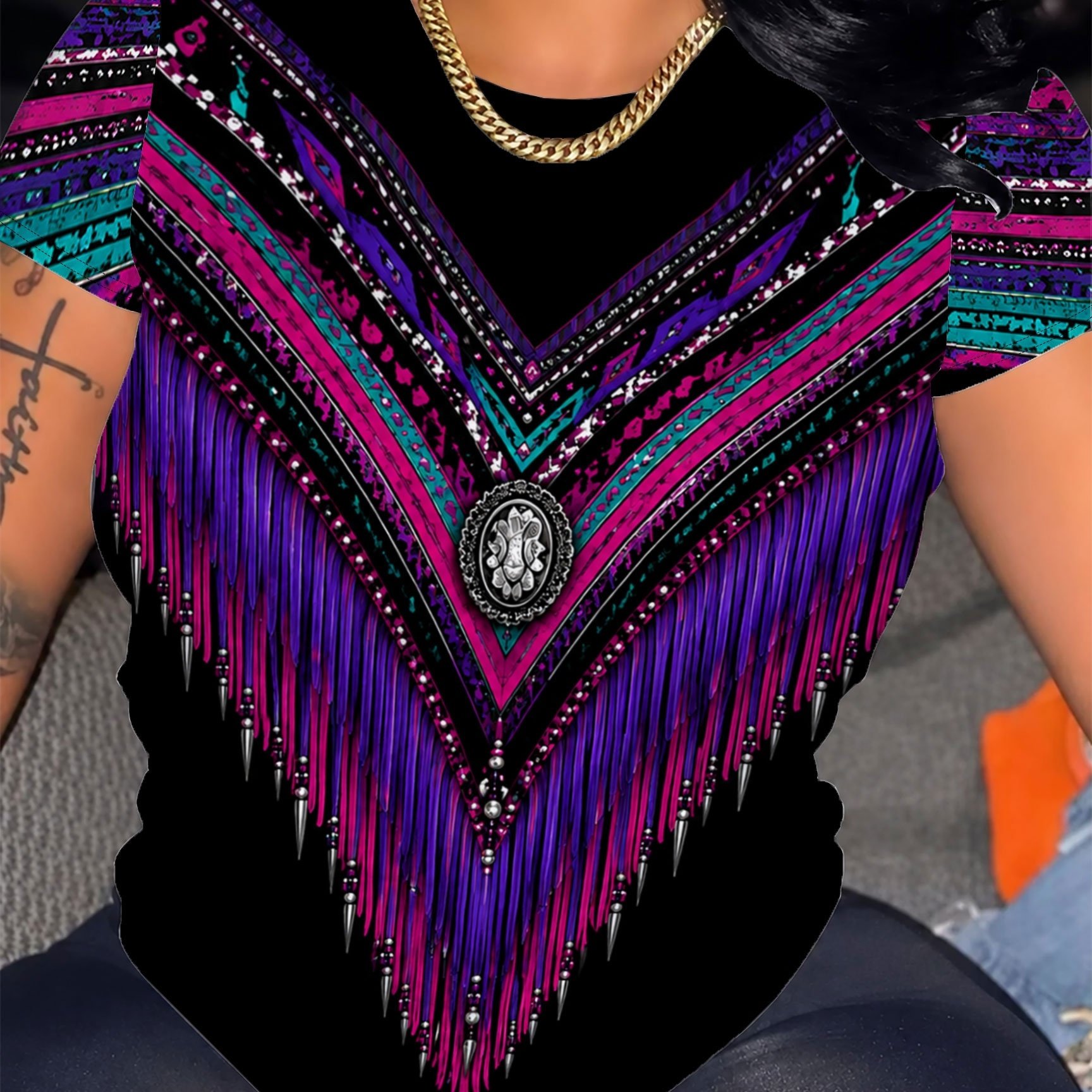 TEMU Women's T-shirt, With Magenta-purple- Contrasting Geometric Pattern, Rivet-studded Tassel-like Pendants, Cool And Edgy 