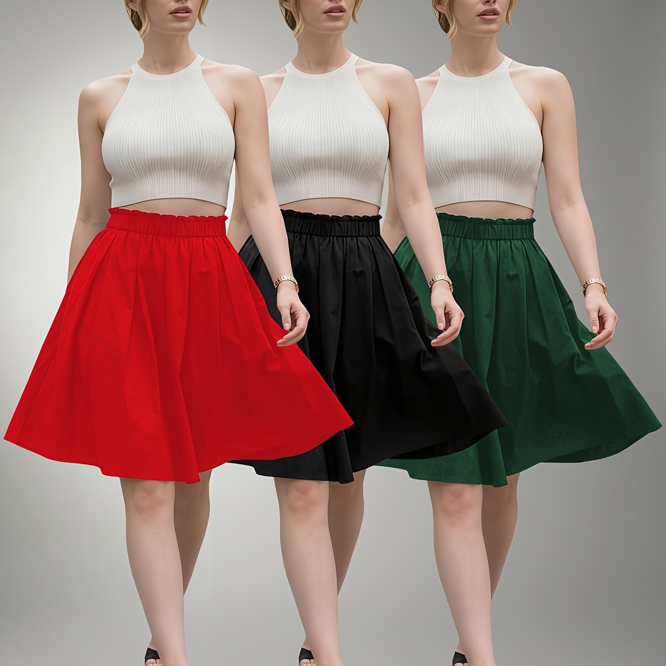 TEMU Plus Size, 3pcs Solid Color Casual High-waist Skirts, Women's Elegant And Flowing A-line Skirts