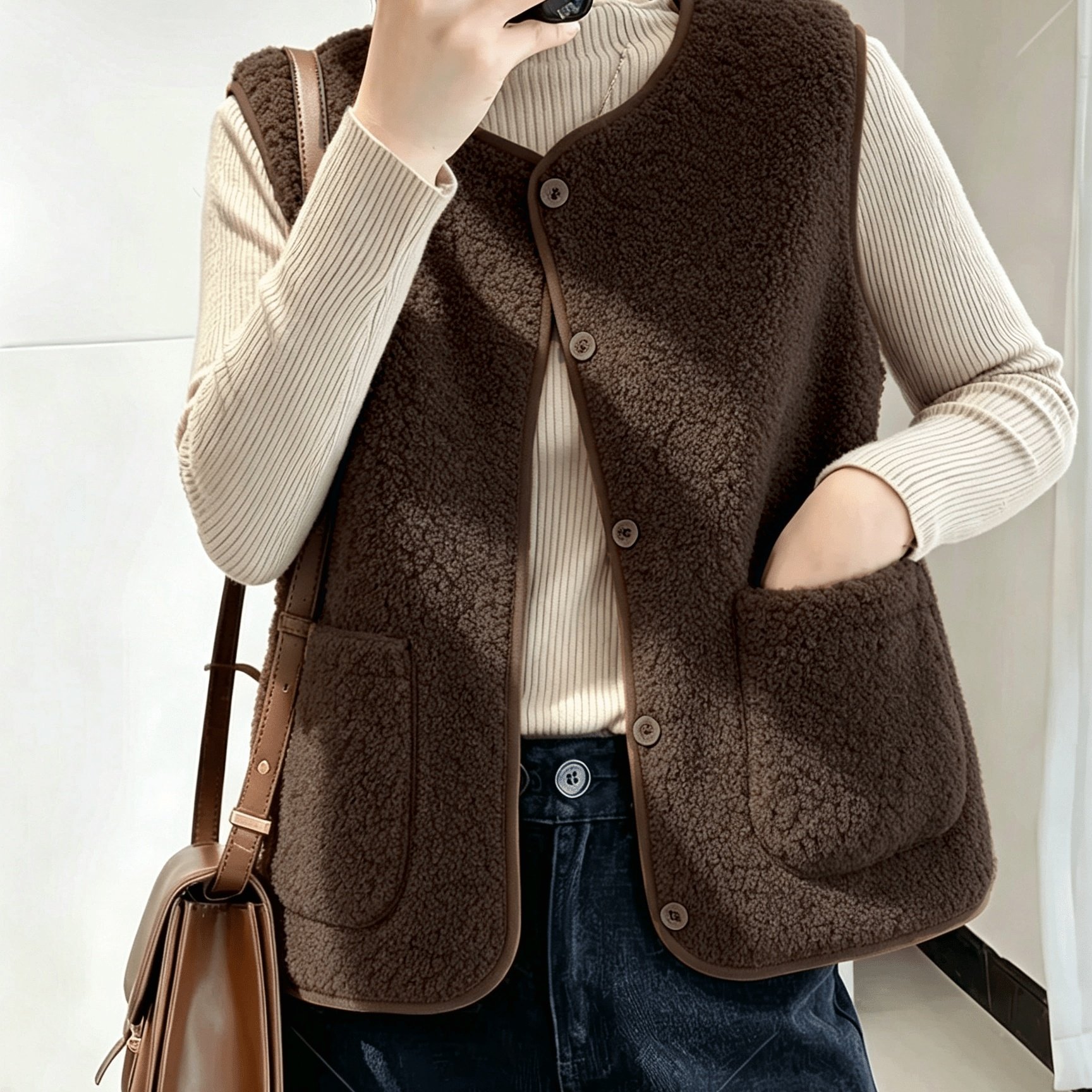 Women's Button Lamb Vest, Winter, Spring, Worn Outside, Plush Shawl, Casual, Fashionable, Cute Coat, Solid Color, Double Pockets