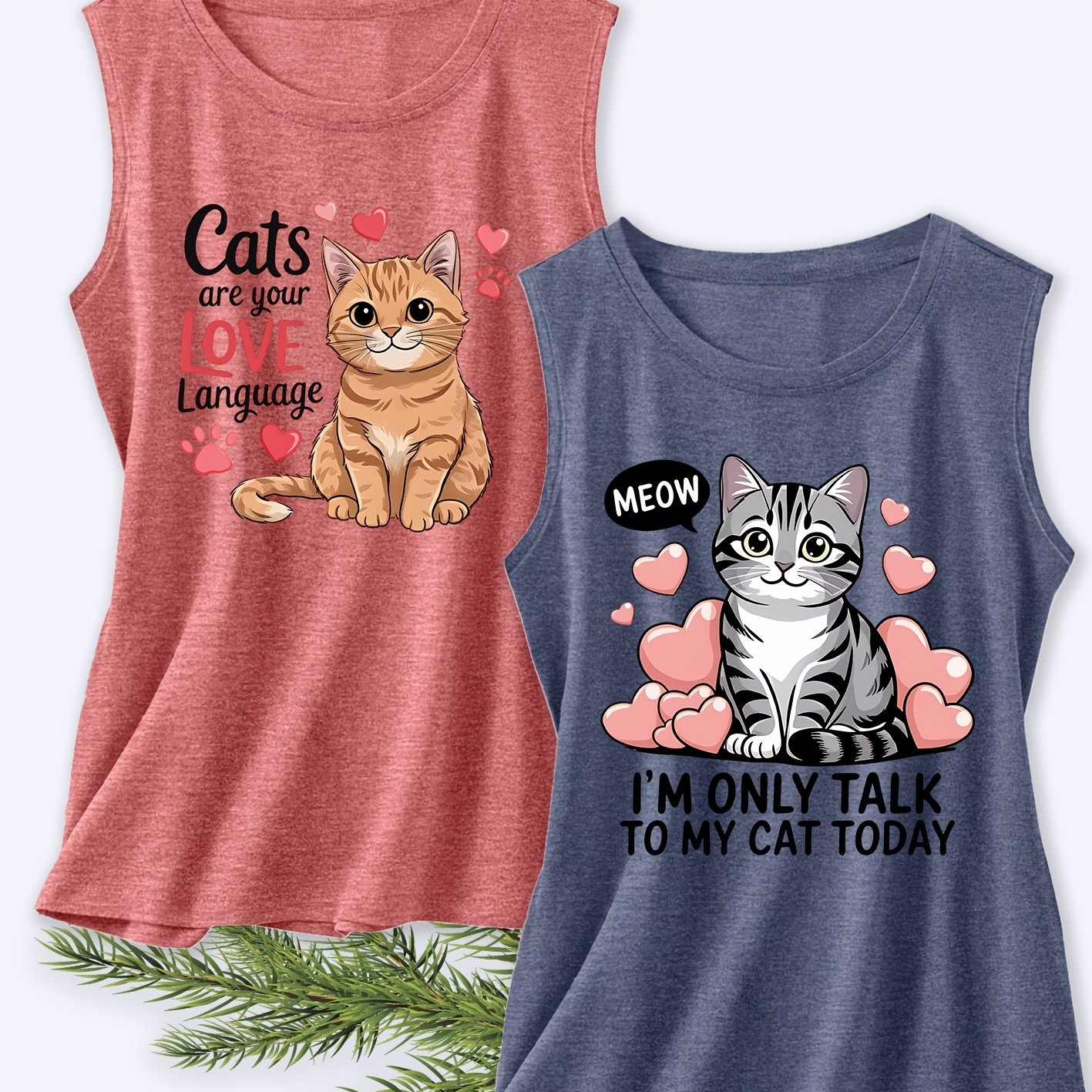 TEMU Holiday Clothing Directional Two-piece Set Women's Sleeveless Vest Retro Print Summer Casual Outfit Cat Heart Cute Summer Women's Essential