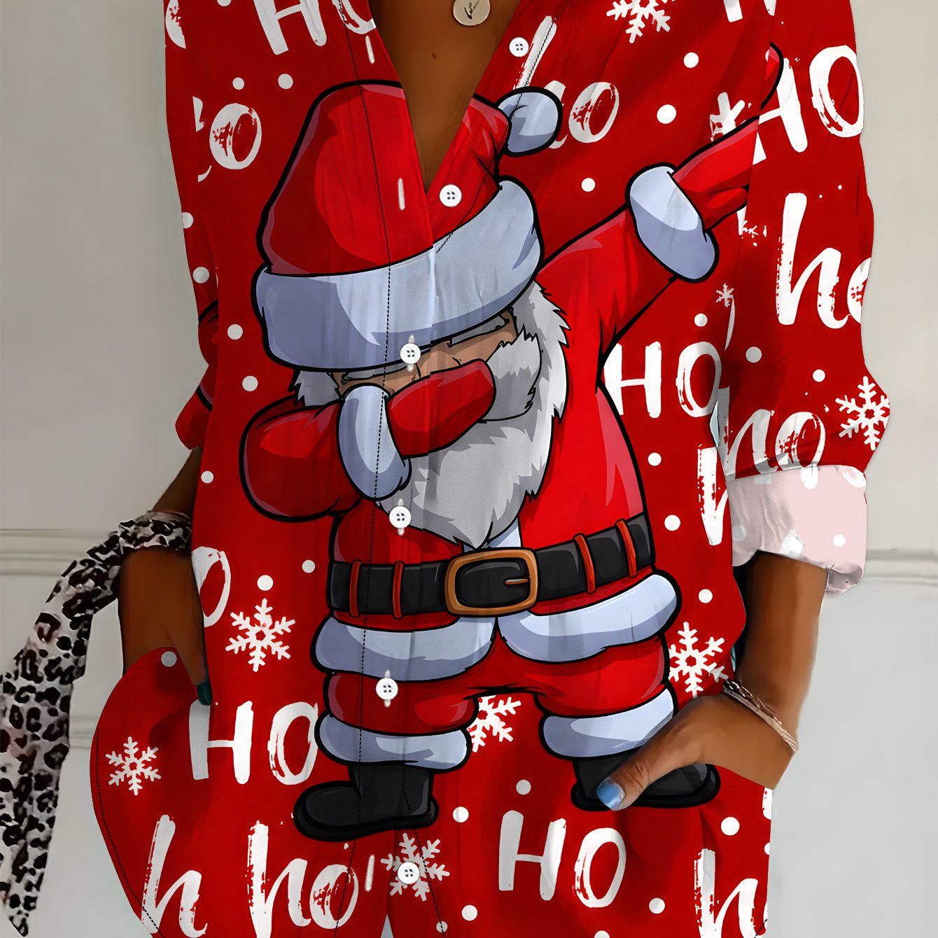 TEMU Plus Size, Plus Size Women's Long Sleeve Shirt, Christmas Style Pattern, Loose Fit Printed Shirt With Santa Claus Elements, Mid-length Lapel
