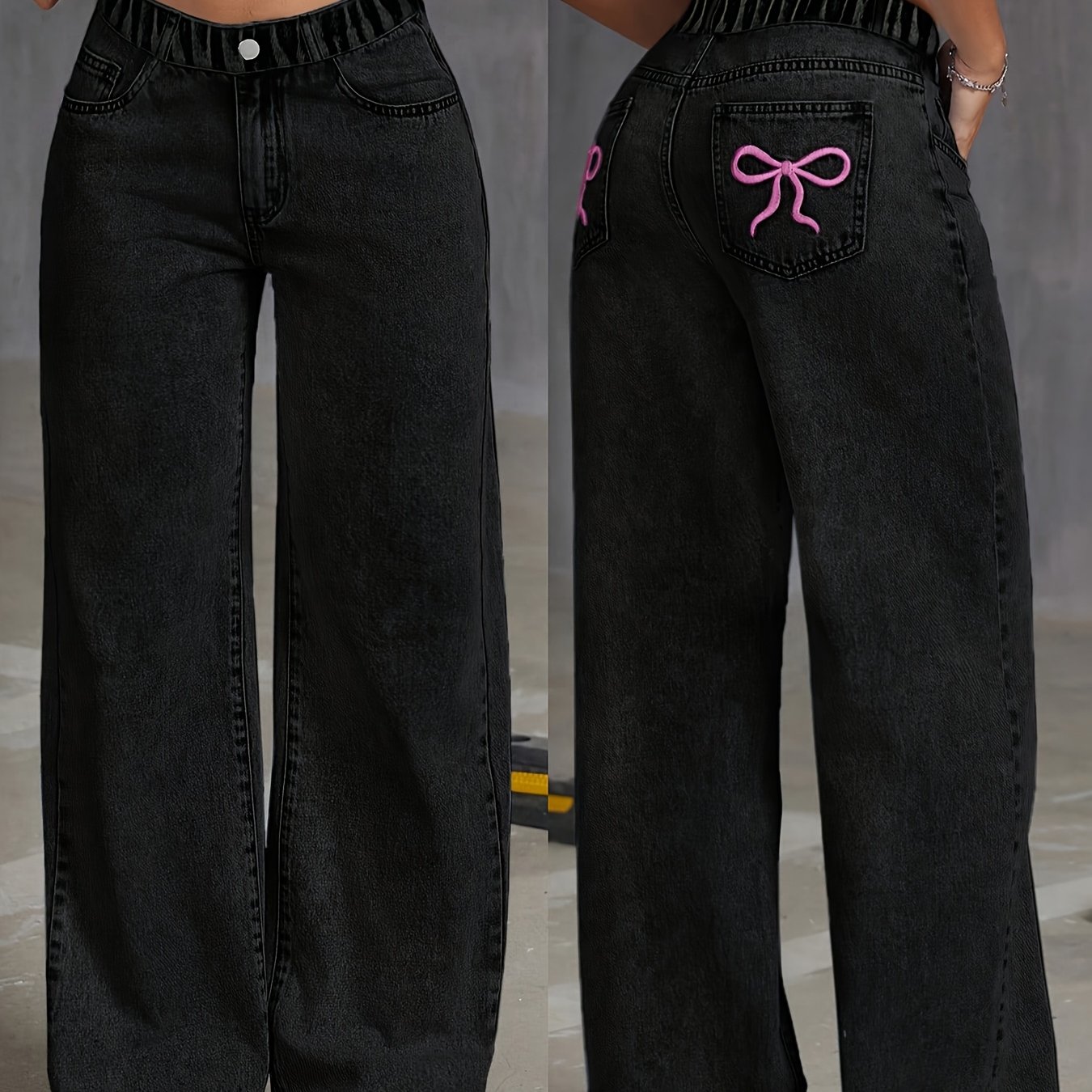 Image of Young Girl Black Denim Straight-leg Jeans, Girly Y2k Style Bow Embroidery Pattern Straight-leg Jeans, Soft And Comfortable Fabric, Full Elastic Waistband, Trendy Fashionable All-match Dark Denim Pants