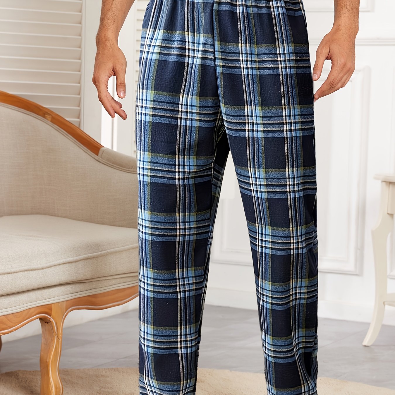 E-shop Herren-Loungehosen mit Karomuster für Herbst/Winter - Gemütliche Polyester-Mischung, Elastischer Bund, Maschinenwaschbar, Klassisches