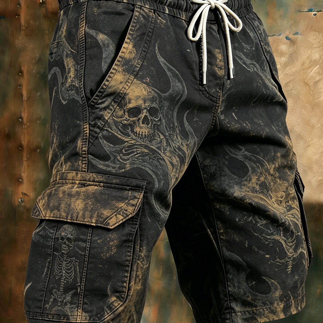 Image of Men's Distressed Flame Skull Workwear Shorts, Casual Sports Shorts, Shaping Male Dark Style, Adult Summer Casual Wear, High-quality Fabric, Suitable Holiday Gifts
