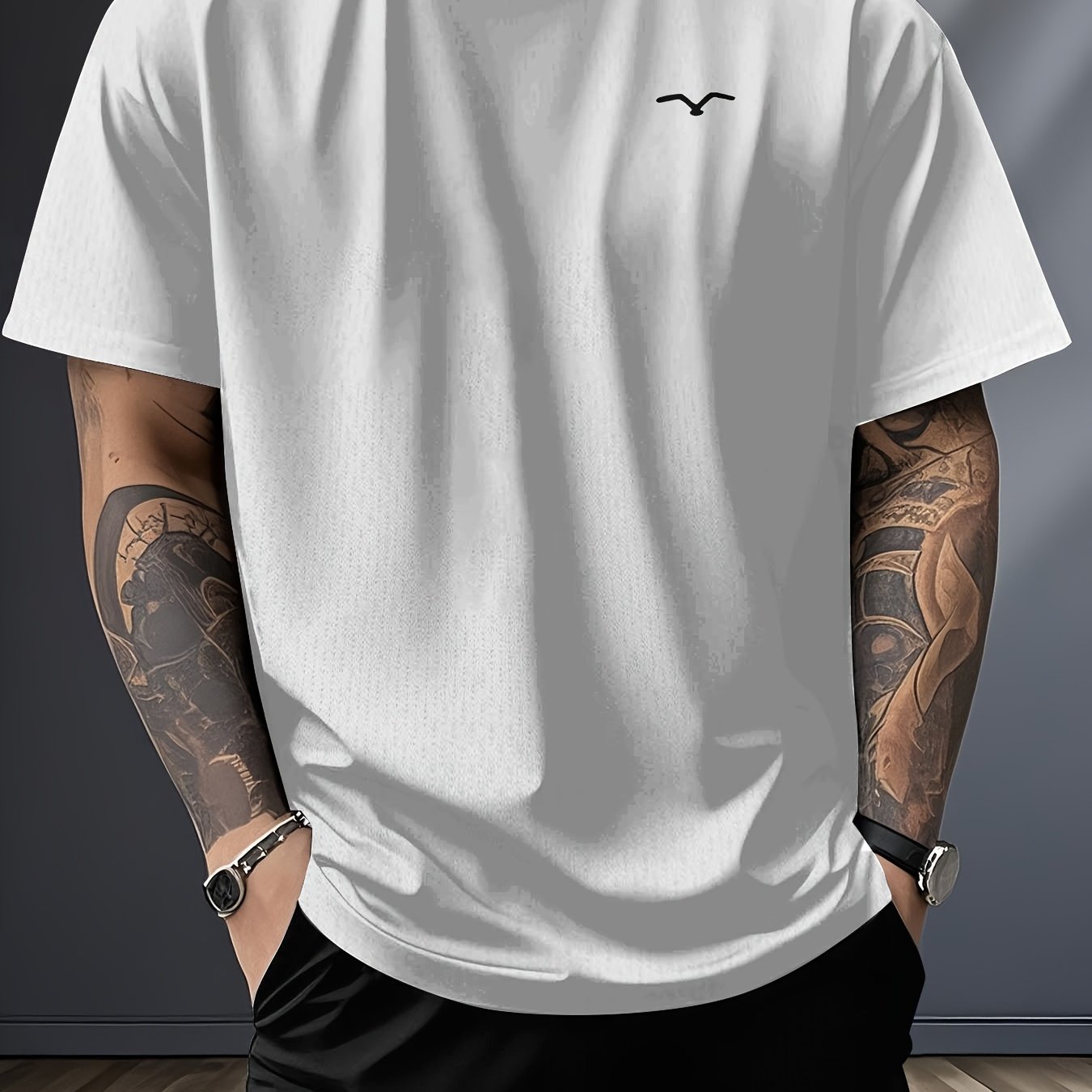 TEMU Men's Minimalist Round Neck Short Sleeve T-shirt - Solid With Chest Logo Print, Versatile Layering Top Suitable For Daily & Casual Wear, Machine