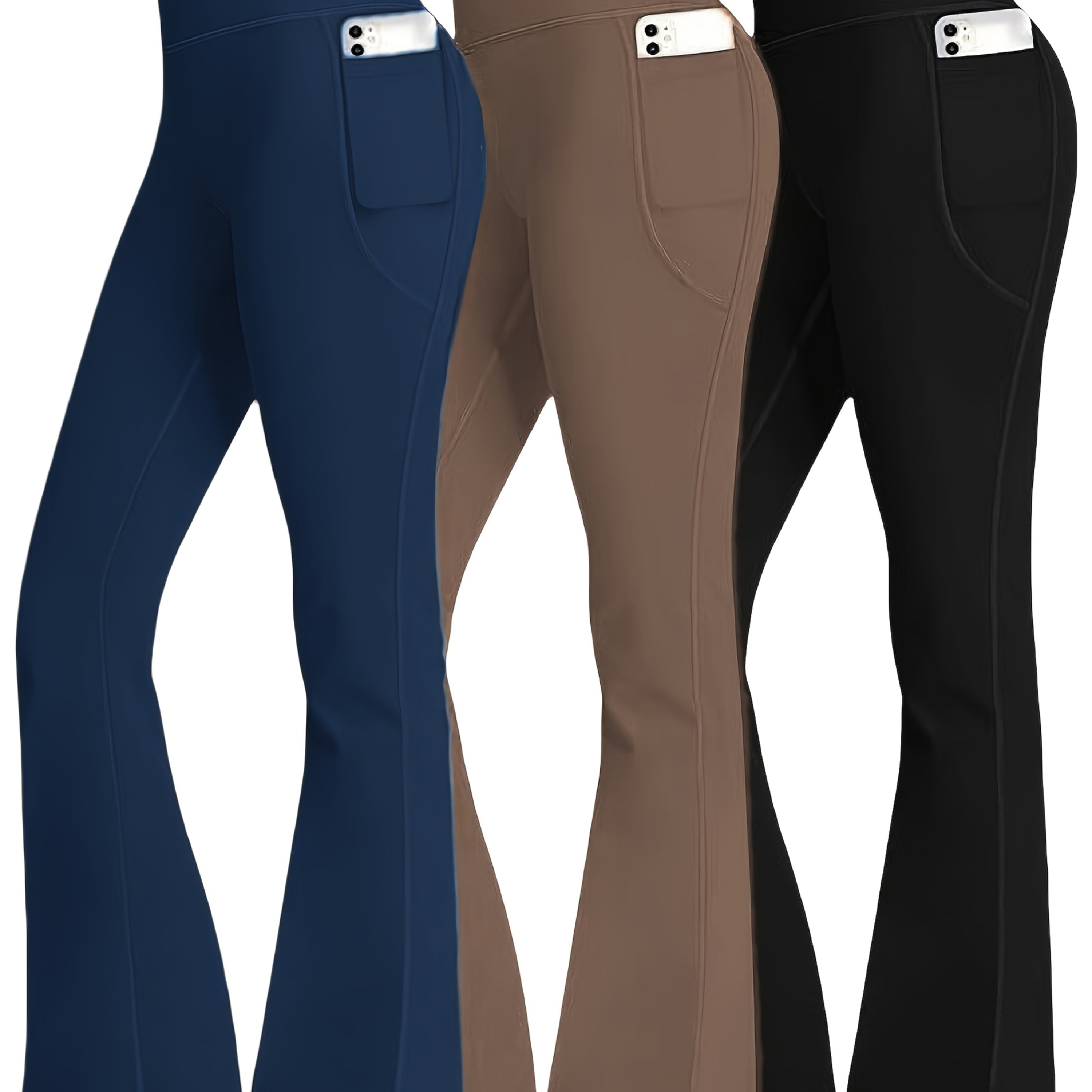 TEMU 3pcs Fashionable Workwear Style Bell Bottoms, Women Casual Bell Bottoms, High Waist Pocket, Trousers, Quick-dry Tummy Control Lifting Flare