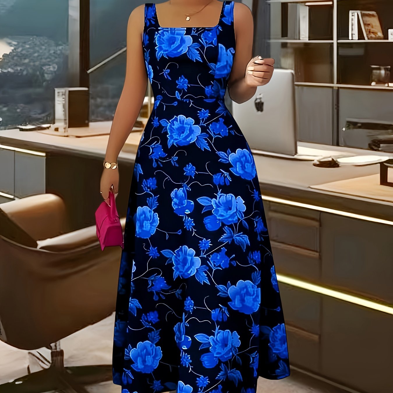 E-shop Elegantes Richtungsweises Damenkleid mit Blumenmuster, ärmellos, quadratischer Ausschnitt, A-Linie, lang, bequem, elegant anmutig, geeignet für