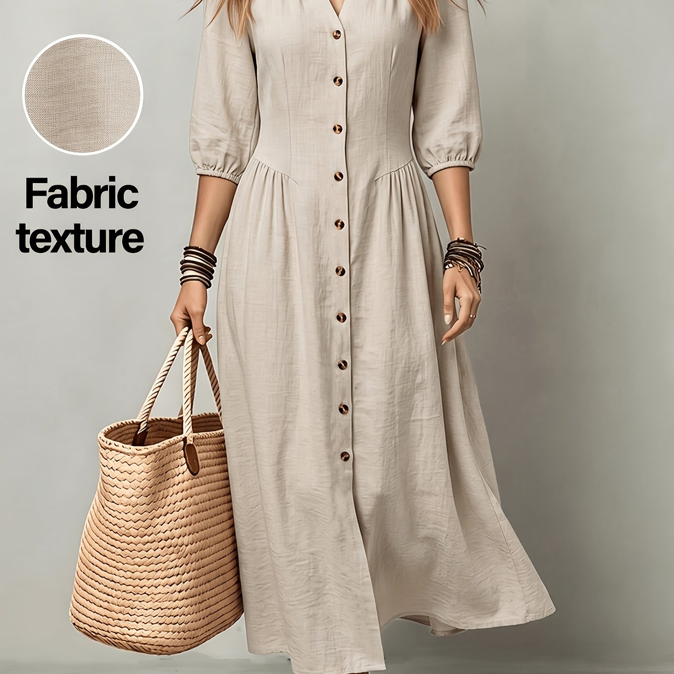 TEMU Vintage Long Dress For Women, Solid Color V-neck Puff Sleeve Loose Fit Flared Shirt Dress, Casual Daily Outing Vacation Dress For Covering , And
