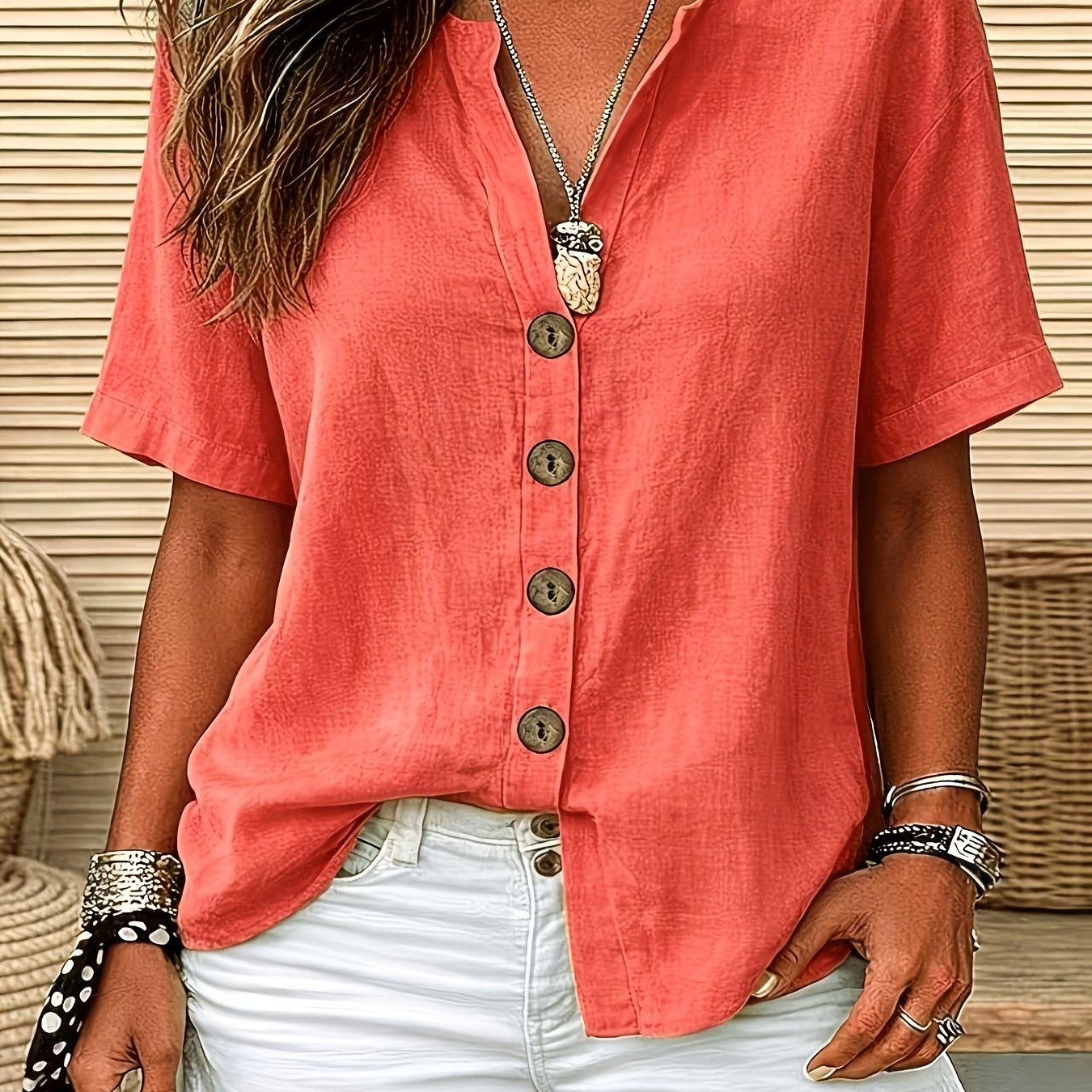 TEMU Women' Color Button-up V-neck Short Sleeve Shirt - Loose Fit Single-breasted Open Front Top With Button Collar, Machine Washable Suitable For