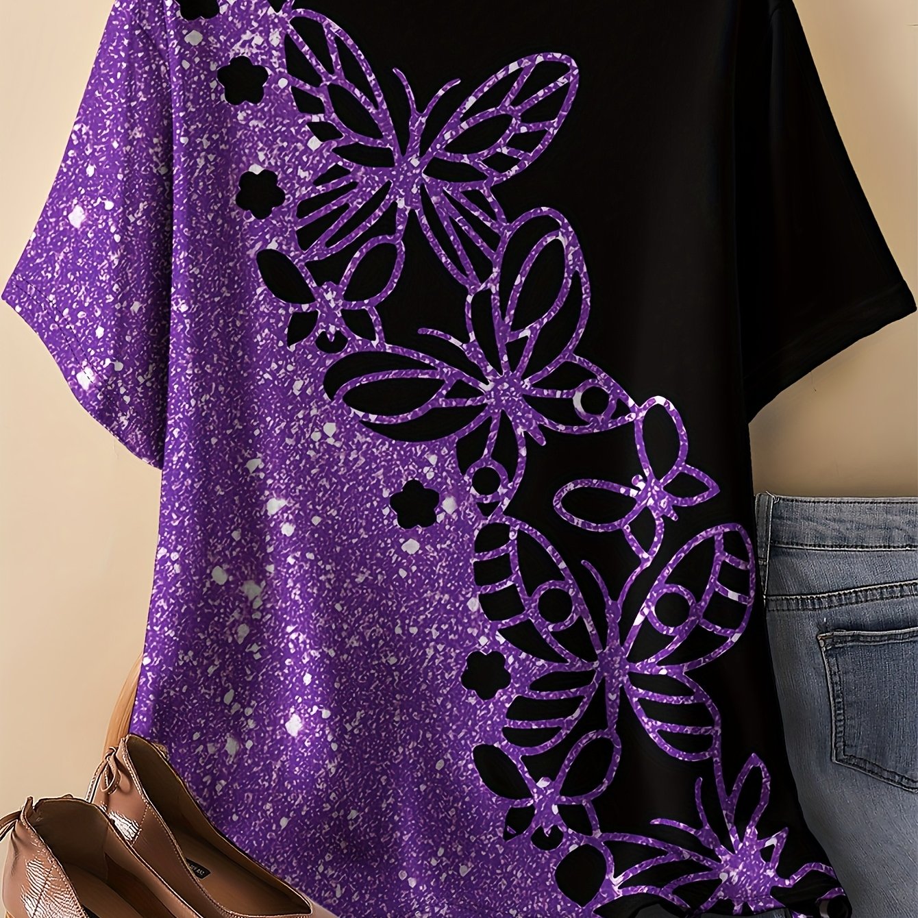 Women's Purple And Black Contrast Sequin Floral Print T-shirt, New Summer Loose Round Neck Short Sleeve Top