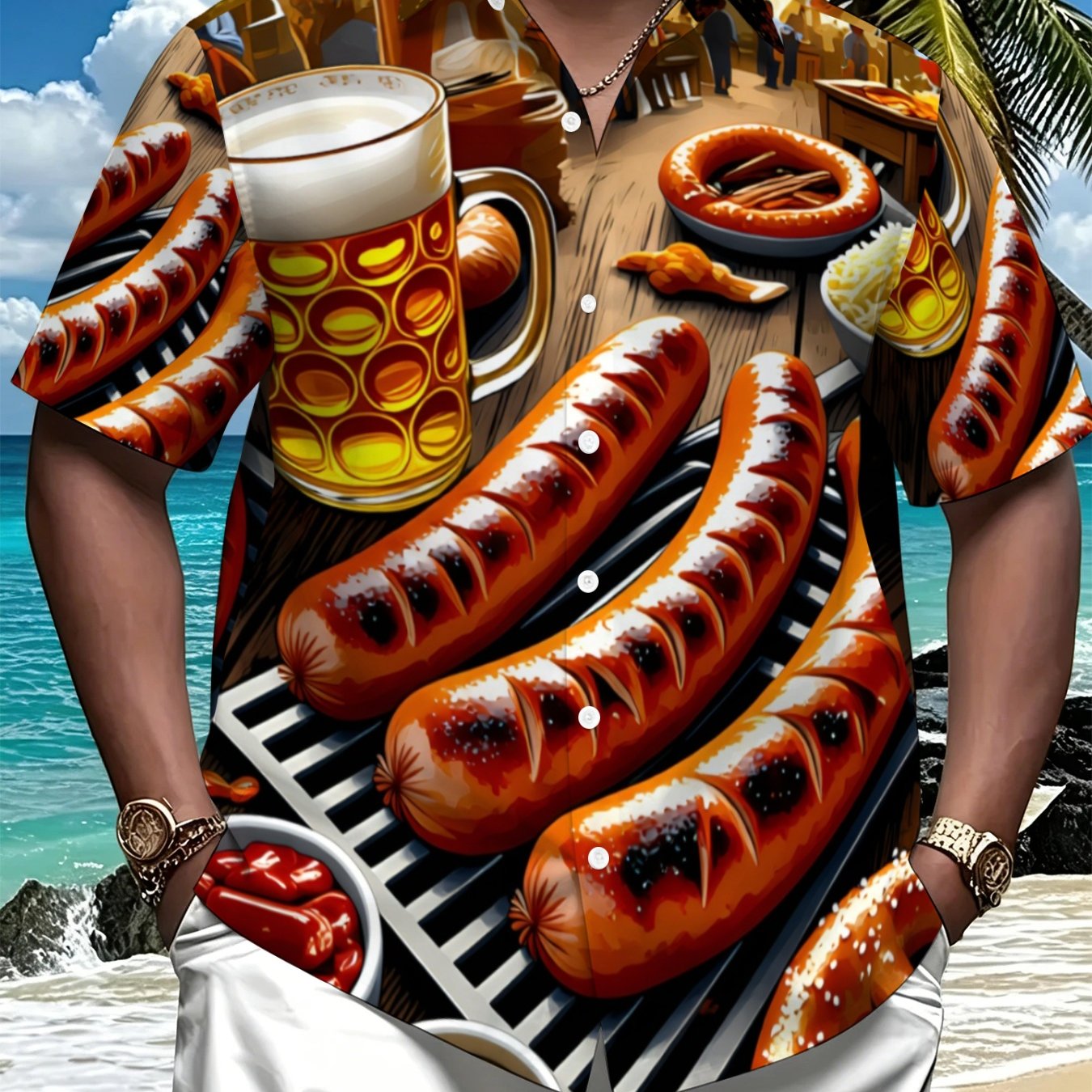 TEMU Men's Summer 3d Printed Plus Size Shirt, Party Bbq Themed Pattern Casual Summer Top, Plus Size