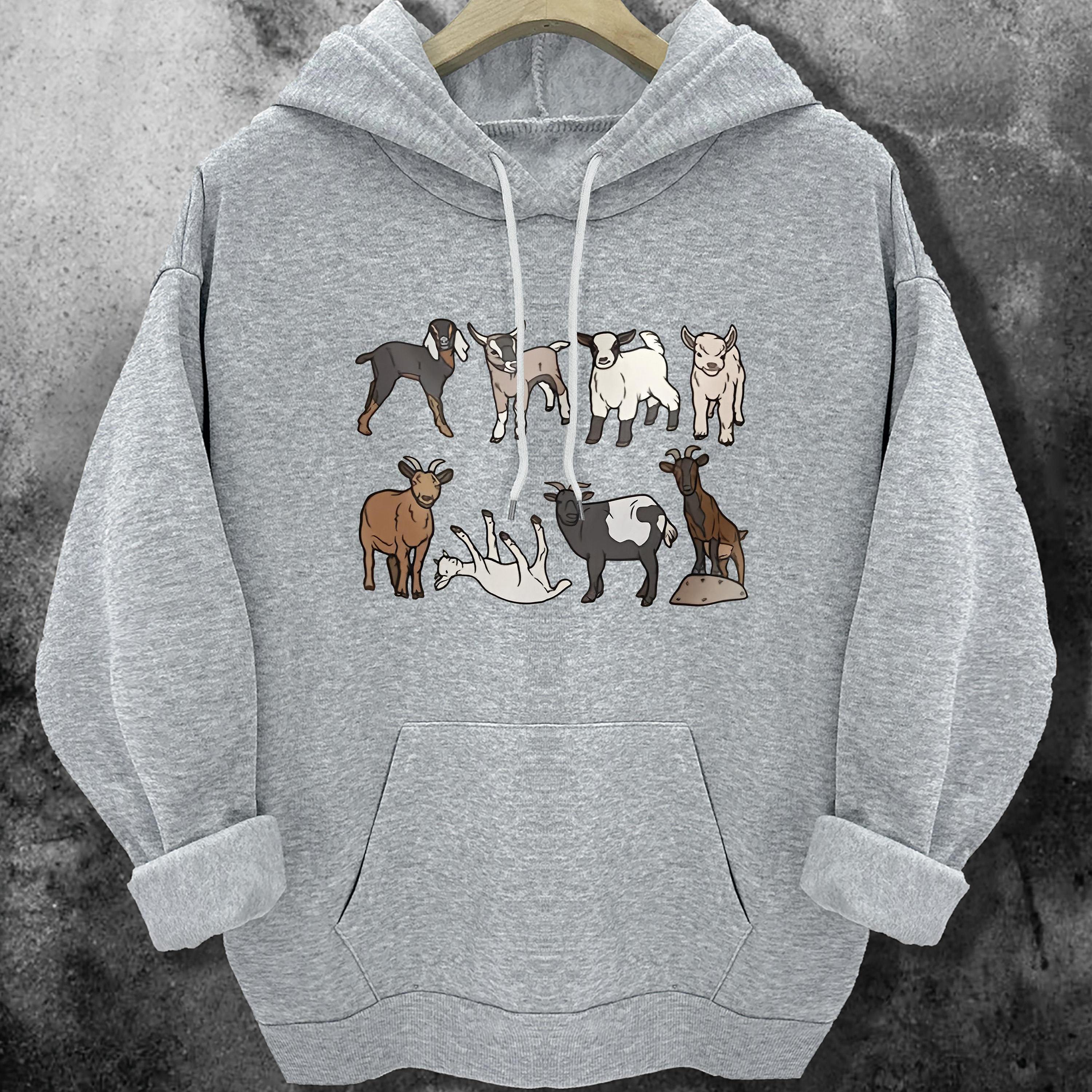 TEMU Women's Cartoon Hoodie With 8 Colorful Goat Breeds Design (e.g. , , ) - Soft Polyester Hooded Sweatshirt, Front Pocket, Casual Pullover For Farm