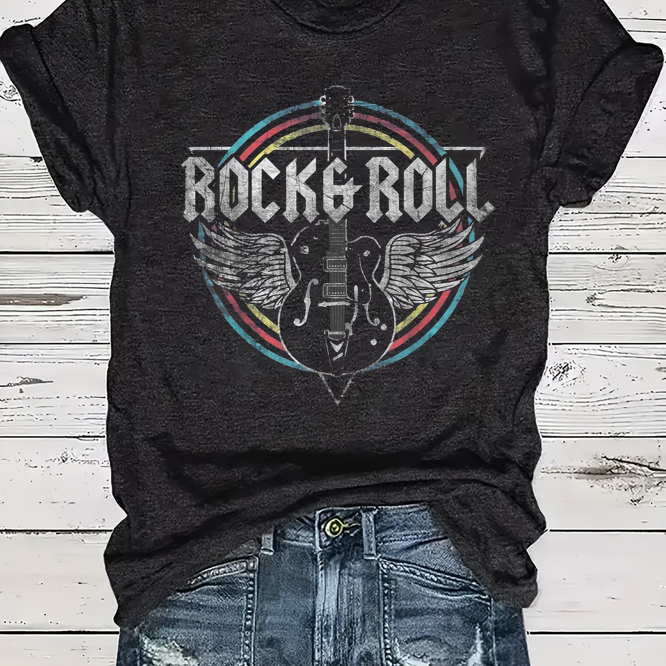 Image of Circle Rock Band Pattern T-shirt, Short Sleeve Casual Round Neck Top, Spring/summer Women's Wear