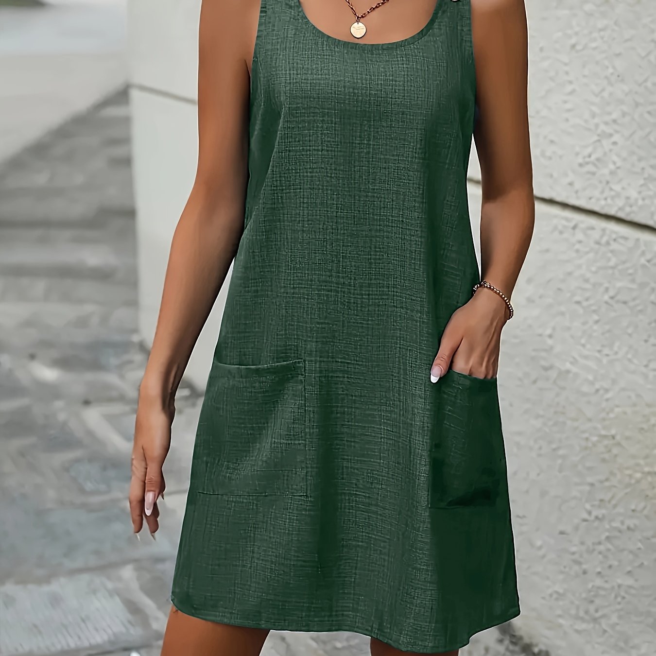 Image of Plus Size - Plus Size - Women's Blue Sleeveless Vest Dress, Casual Loose A-line Short Dress, With Pocket And Button Detail, Summer Beach Vacation Dress