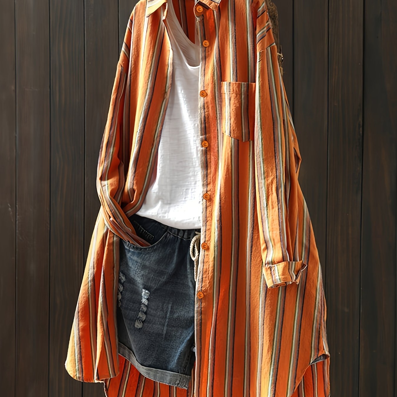 E-shop ACE4244 Damen Vintage Langarm-Midi-Shirt mit vertikalen Streifen, orangefarbenes Shirt mit vertikalen Streifen, neues Damen-Shirt für