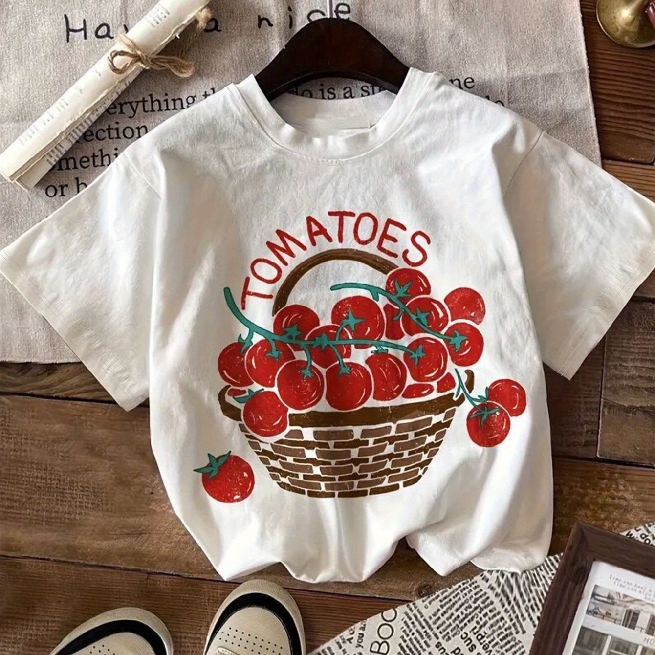 TEMU Tomato Basket Graphic T-shirt - Casual Polyester Fabric, Round Neck Sporty Short Sleeve Tee For Women Suitable Spring/summer Wear Comfortable