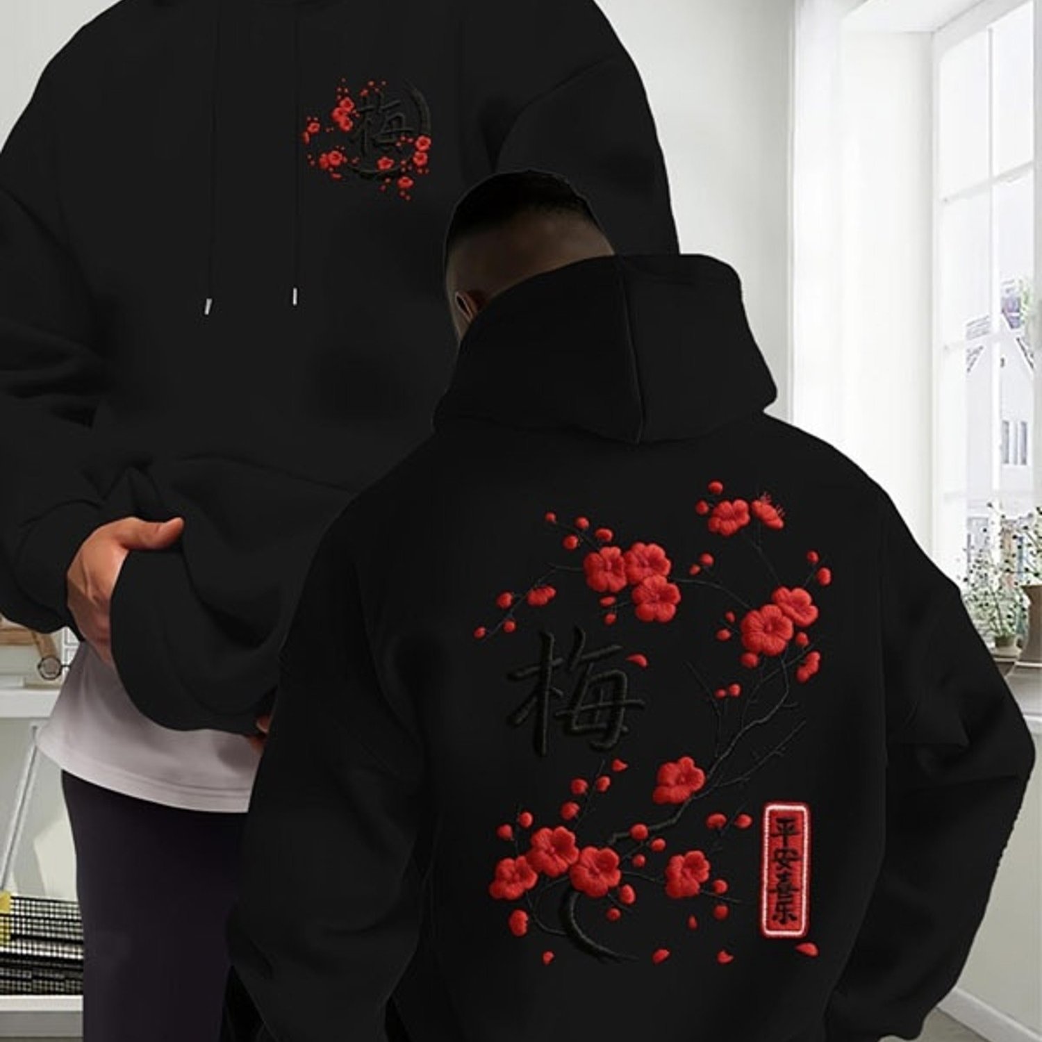 Image of Men's Polyester Black Pullover Hoodie, Embroidered And Chinese Character Design, Comfortable Warm Casual Hooded Sweatshirt, Multiple Sizes , Perfect For Daily Casual And Outdoor Activities