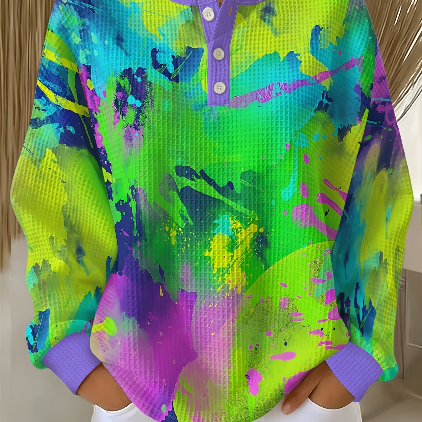 TEMU Plus Size, Plus-size Waffle- Sweatshirt Featuring A Abstract Ink-splatter Pattern And An , Three-button Round-neck Design.