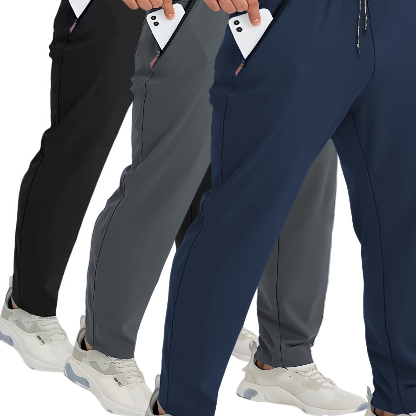 3pcs Plus Size Men's Casual Zip-up Pants With Drawstring Waist - Solid Color, Polyester, Machine Washable For Indoor & Outdoor Activities, Spring/summer Compatible, Plus Size Pants, Plus Size