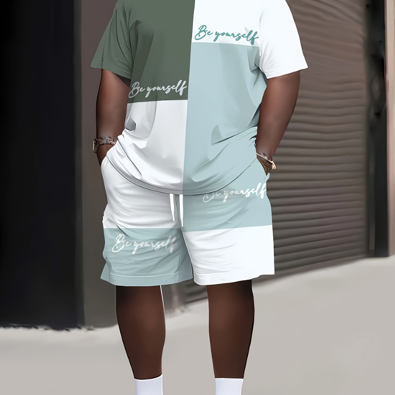 TEMU Large Size Men's Color Block Color Printing 2pcs Set "" English Letter Printing Casual Short Sleeve T-shirt And Sports Pants Casual 2pcs Set