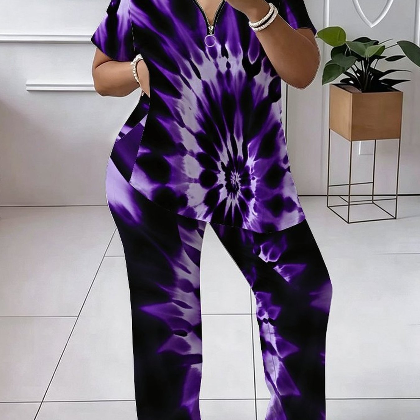 Plus Size, Women's Set, Plus-size Women's Set, Tie-dye Print, Casual Party, Comfortable Material, Trendy Short-sleeve Top, Comfortable And Breathable Pants Set