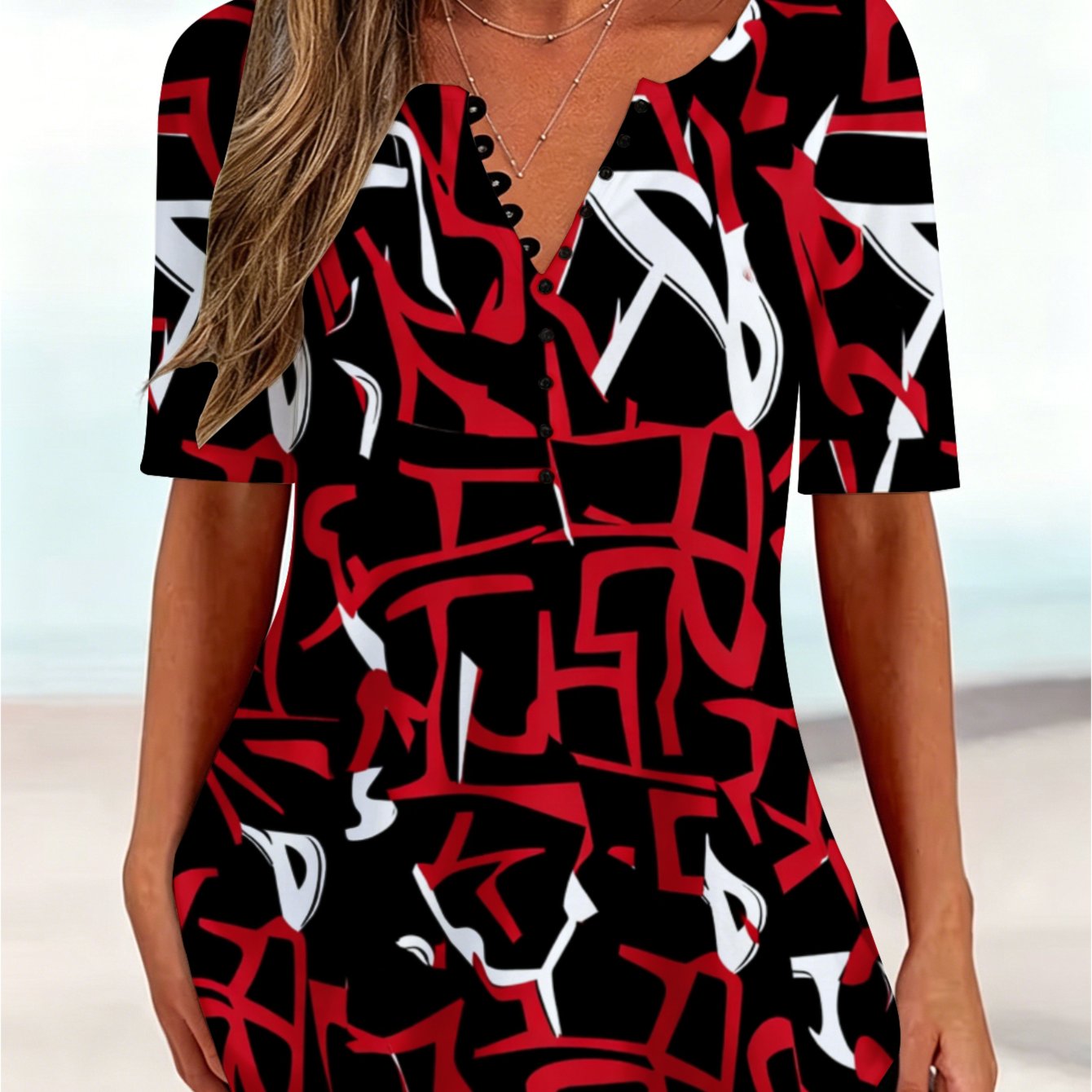 Plus Size, Plus-size Casual Tops Abstract Red White Black Pattern Women's Summer Lightweight Fabric Stretchy Short Sleeve
