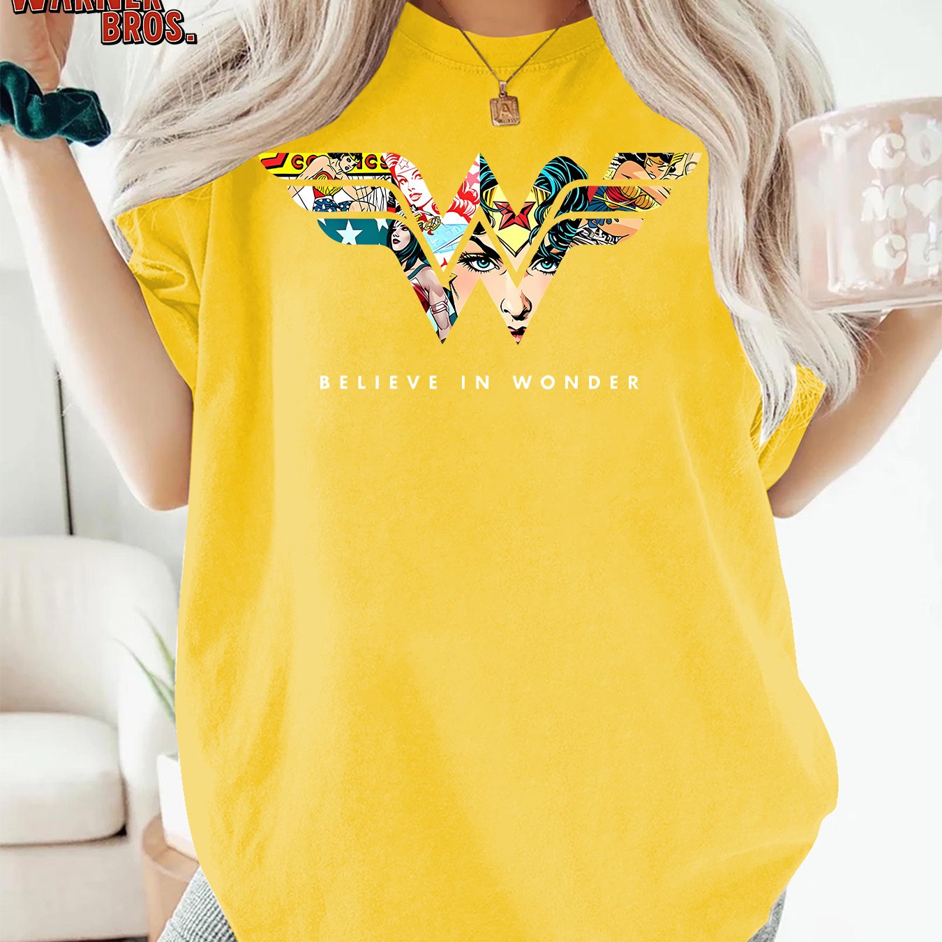 TEMU Wb Women's Plus Size Vintage Wonder Woman T-shirt - Retro 90s Warner . Logo & Iconic Comic Print Crew Neck Short Sleeve Top, Suitable For Casual