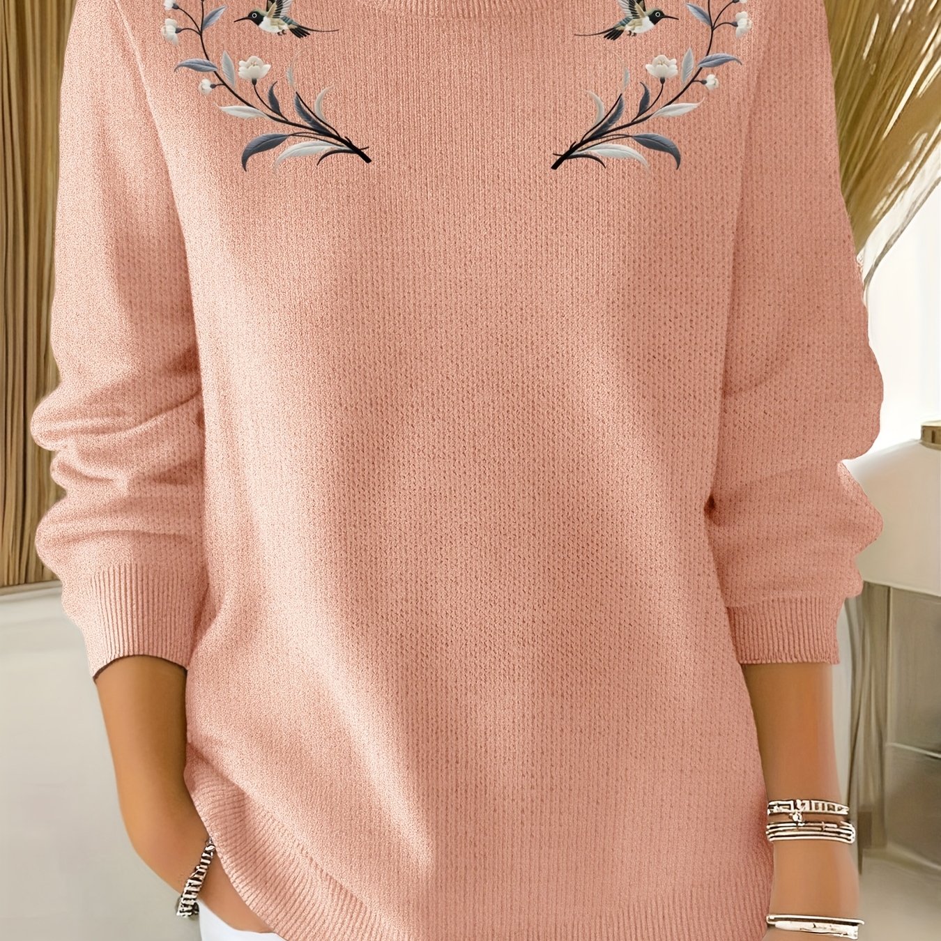 TEMU This Women's Commuting Sweater Features A Versatile 2d Printed Faux Design, Made From A Soft And Slightly Stretchy Fabric, With A Floral Pattern