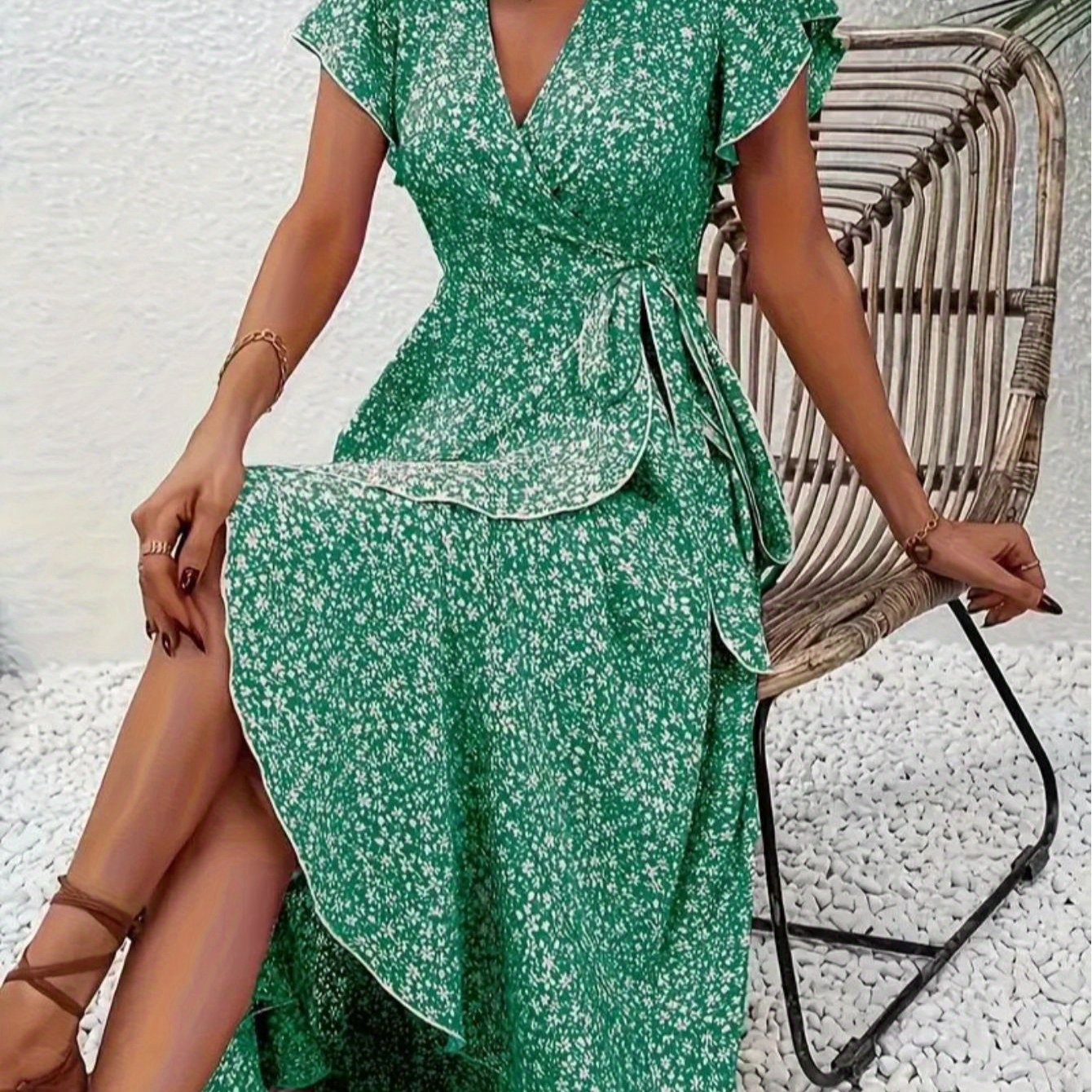 berrygo women's boho v neck ruffle floral wrap maxi dress Flamenco Boho Wrap Maxi Dress