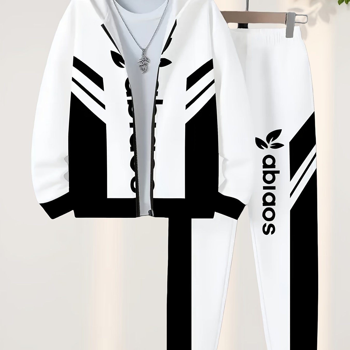 TEMU 2026 New Large Size Men's[2pcs Set In Store] Autumn/winter Men's Casual Hoodie& Sweatpants Set, Black And White Geometric Print, Sporty And