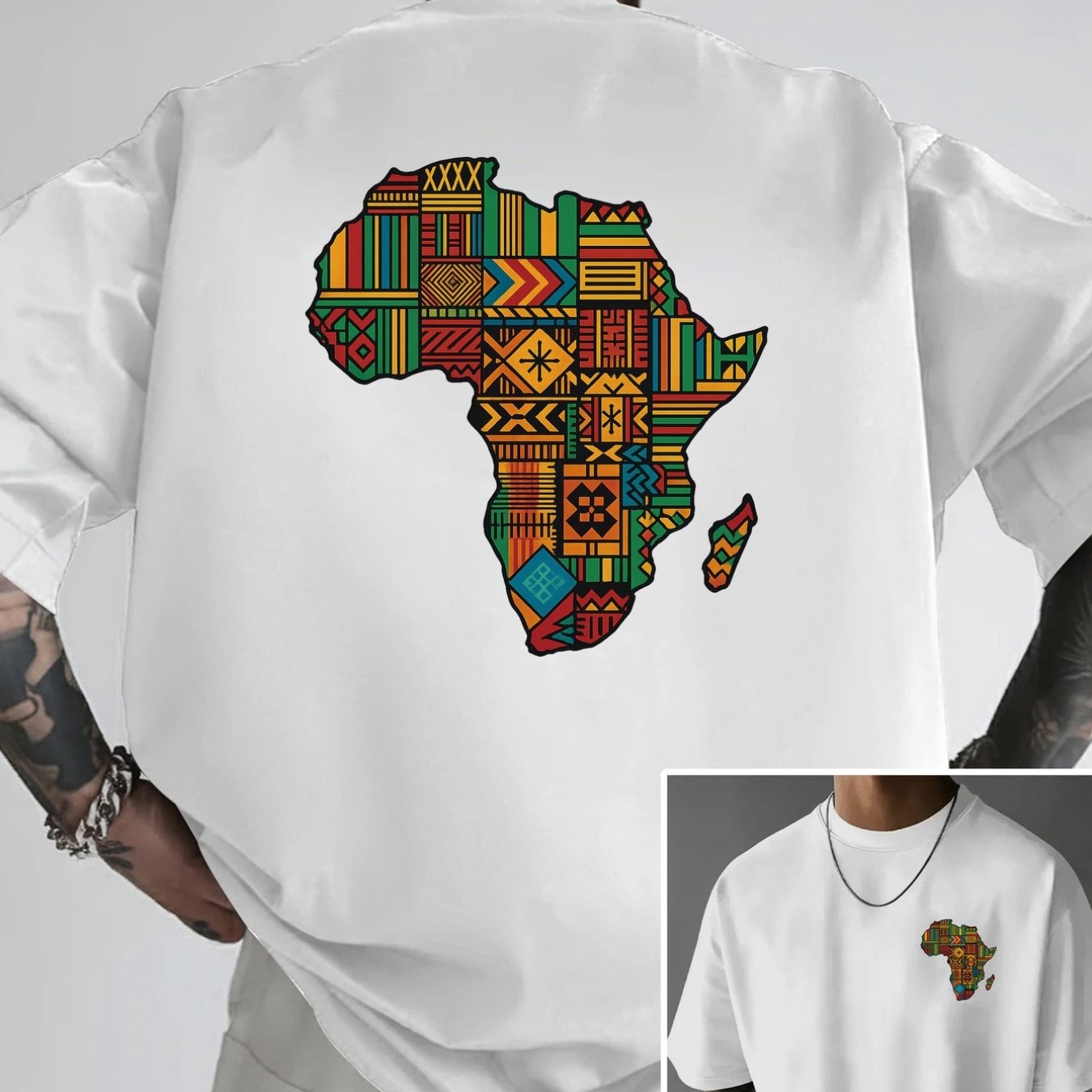TEMU 1pc Men's African Map & T-shirt - Double-sided Africa Print Loose Fit Drop Shoulder Tee, Round Neck Short Sleeve Casual Shirt Suitable For Daily
