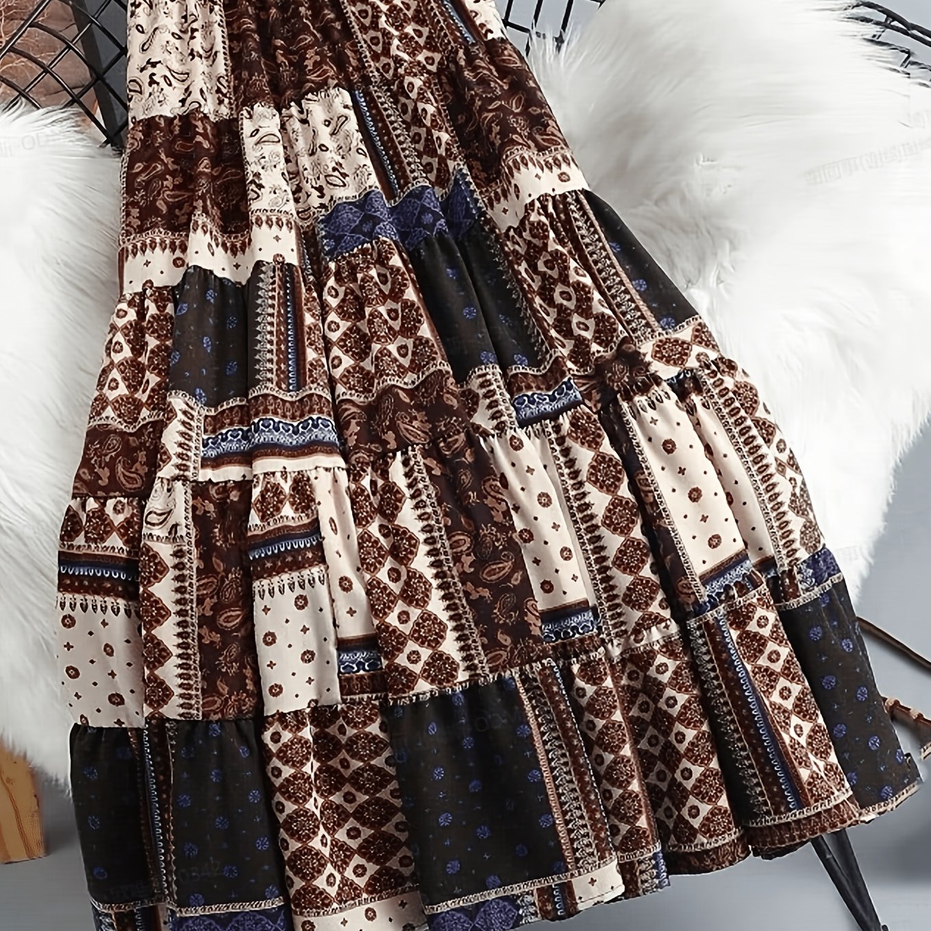 TEMU Women's Elegant Printed Elastic Waist Casual Holiday Dress, Autumn Fabric, Suitable For Women's Wear, Spring Summer Fall Winter Style