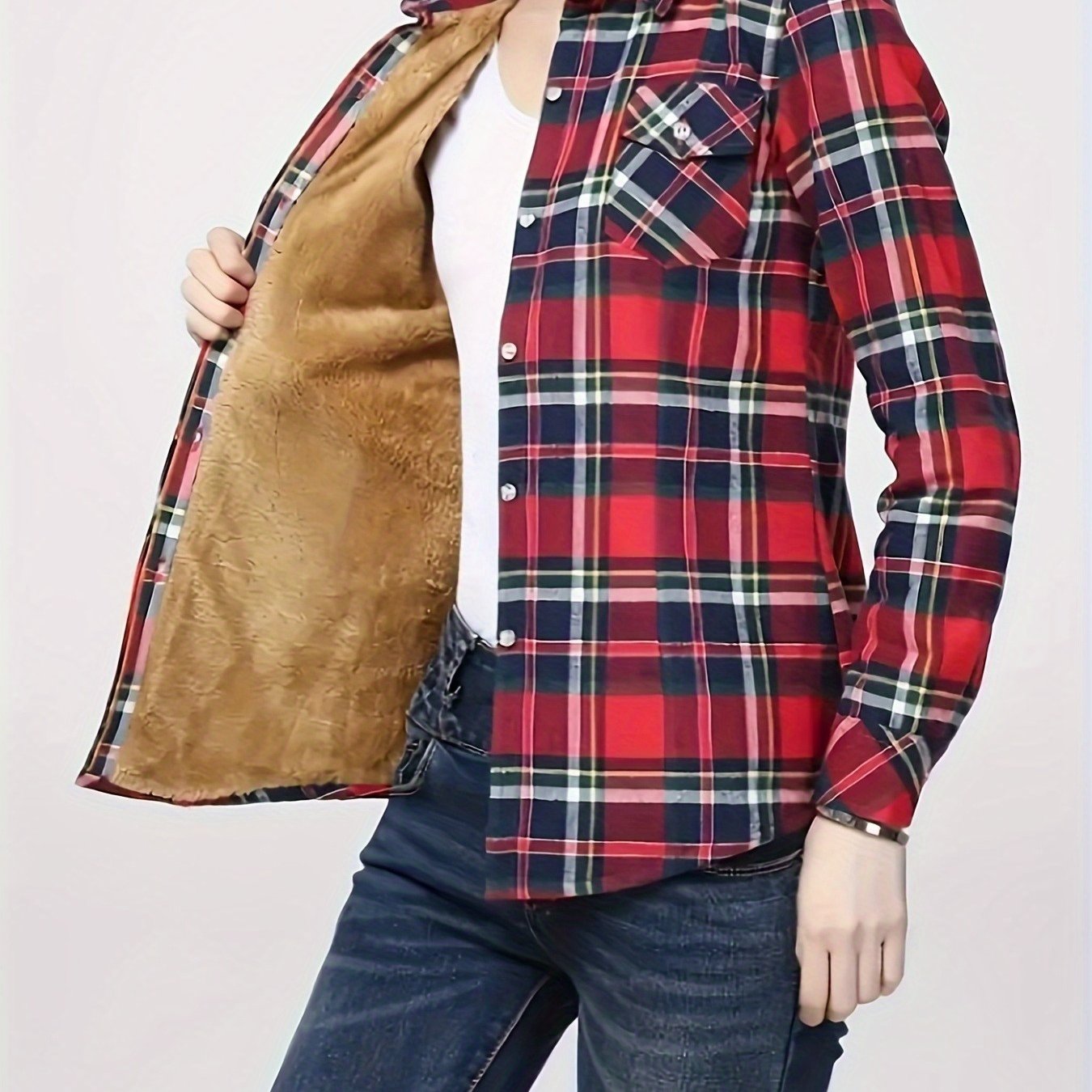 TEMU Autumn And Winter Thickened Fleece Lining Jacket Women's Warm Top Fashionable Temperament Casual Elegant Long-sleeved Shirt