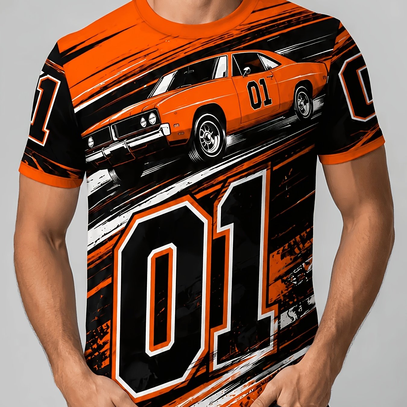 TEMU Men's Vintage No. 01 Orange Muscle Racing Print Short-sleeve T-shirt, Casual Crew Neck