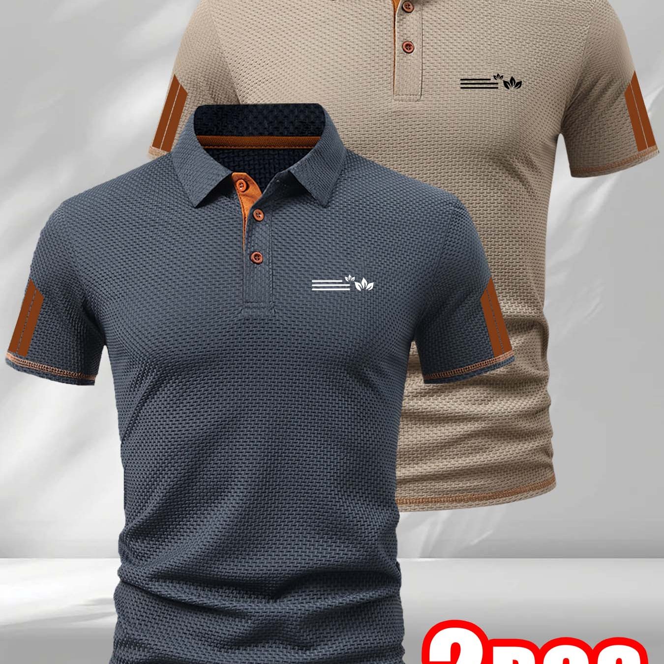 TEMU Geometric 2pcs Men's Outdoor Golf & Equestrian Casual Shirt With Short Sleeves, Textured Fabric, Color . Mature Men's Business Casual Jacquard