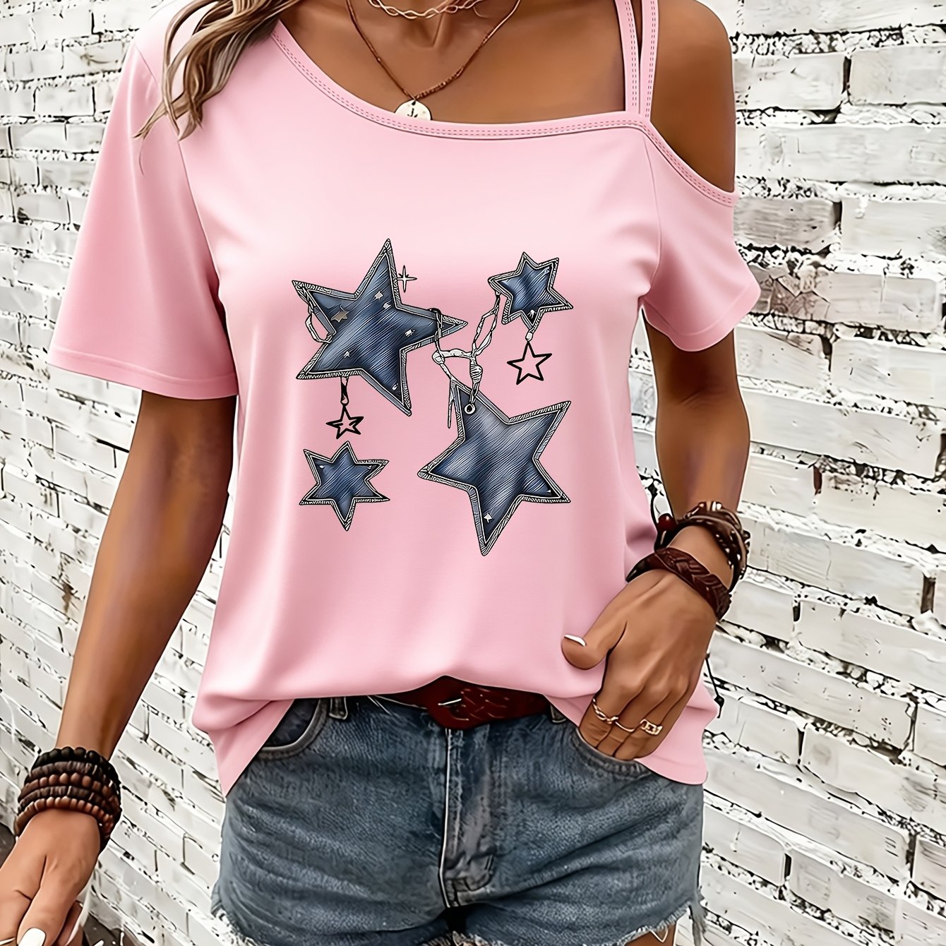 TEMU Women's Off-the-shoulder Suspender Short Sleeves, Print, Spring And Summer Street Fashion, Breathable And Comfortable T-shirt