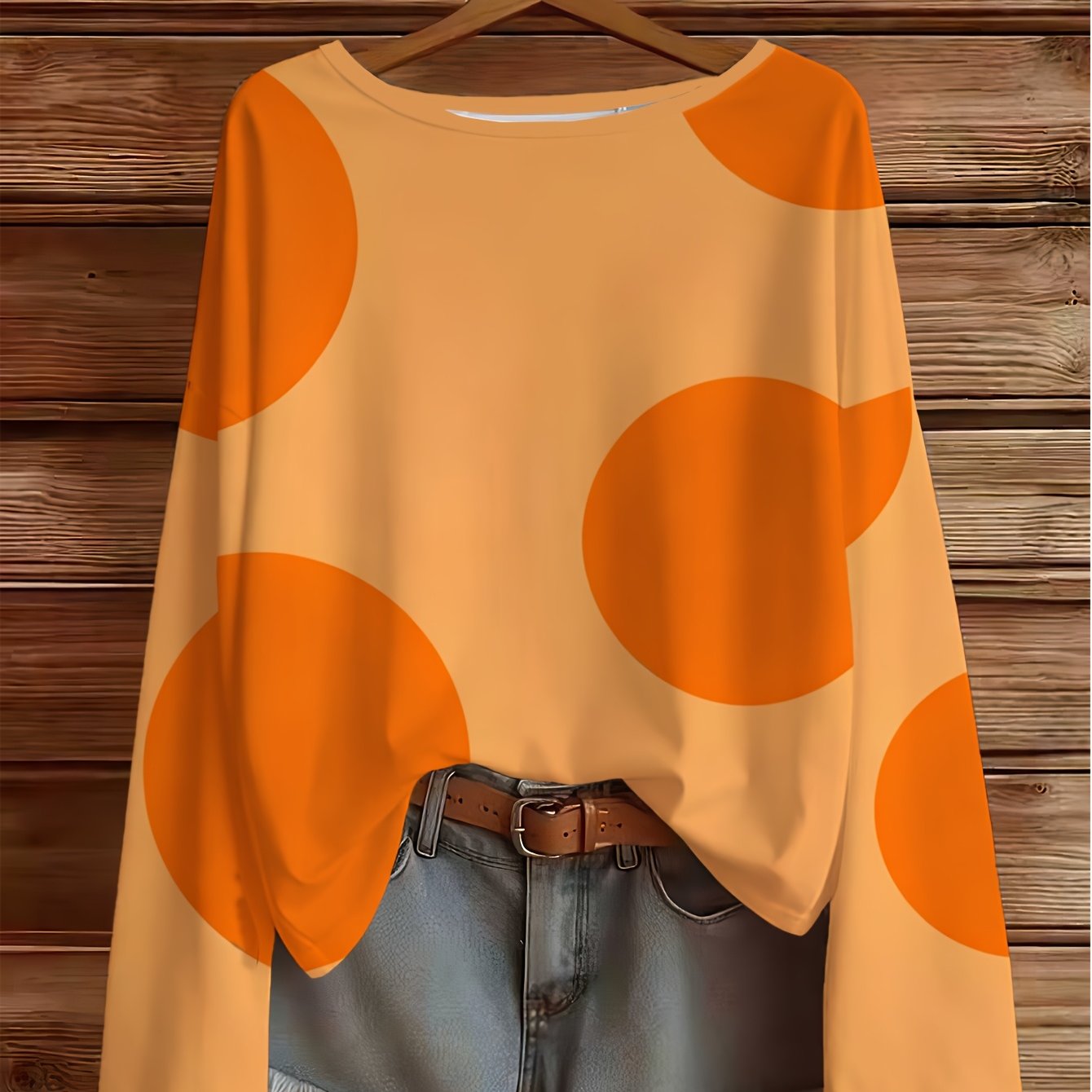 TEMU Plus Size, Elegant Women's Long Sleeve Top With Large Polka Dot Print And Round Neck, Suitable For Spring And Summer, A Stylish And Versatile
