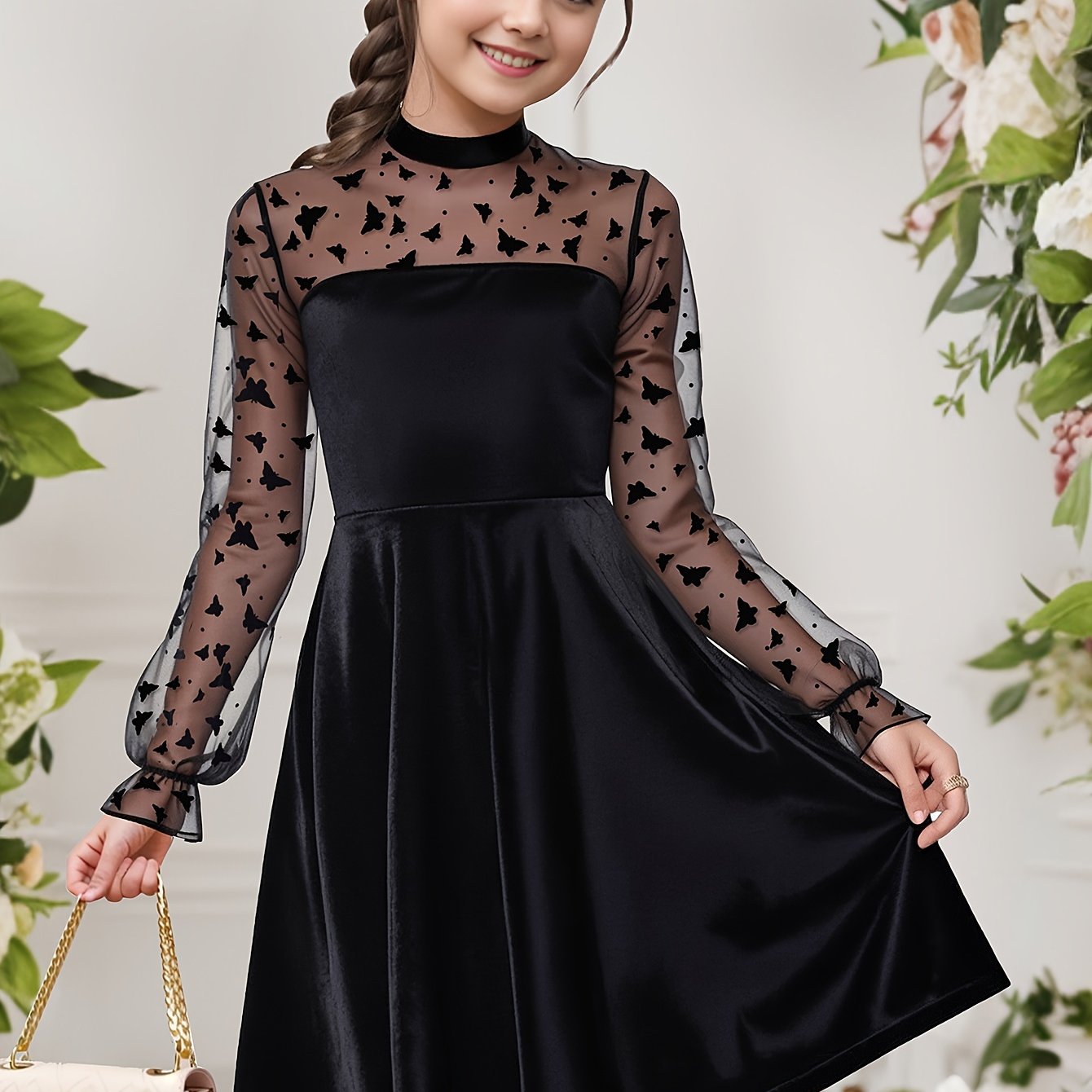 Image of Girls' Semi-sheer Net Tulle Velvet Party Dress
