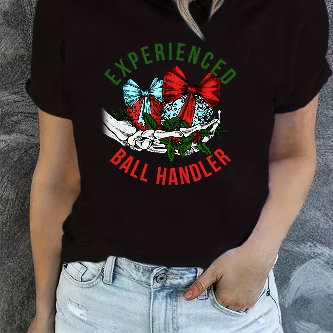 TEMU Christmas Print Graphic Short Sleeves Casual Tops, Fashion Round Neck Sports T-shirt, Women's Activewear