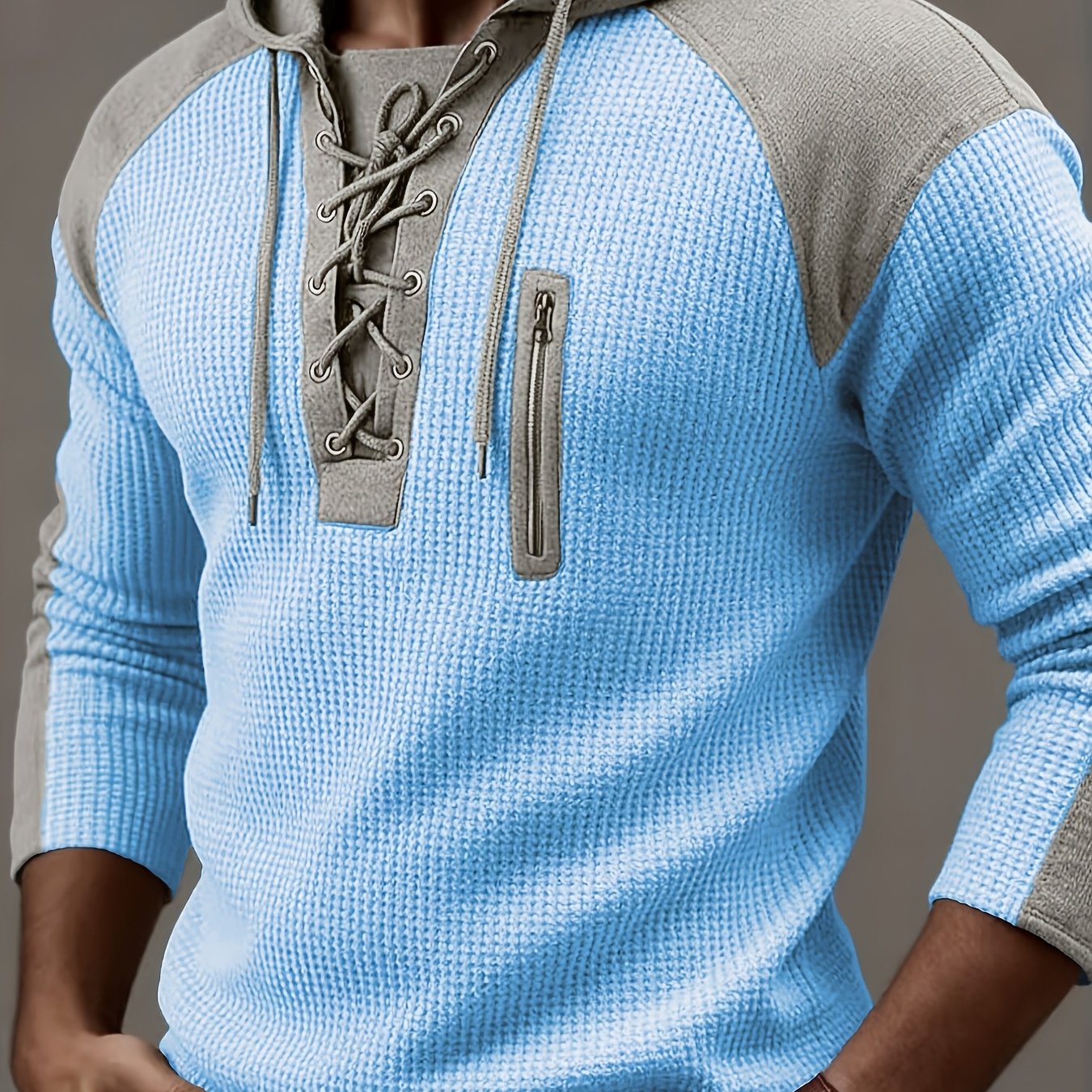 E-shop [Starry OBM] Frühlings-Sommer Herren Neues leichtes luxuriöses strukturiertes geripptes Kapuzenpullover-Top, Schulter-Patchwork-Geripptes Design